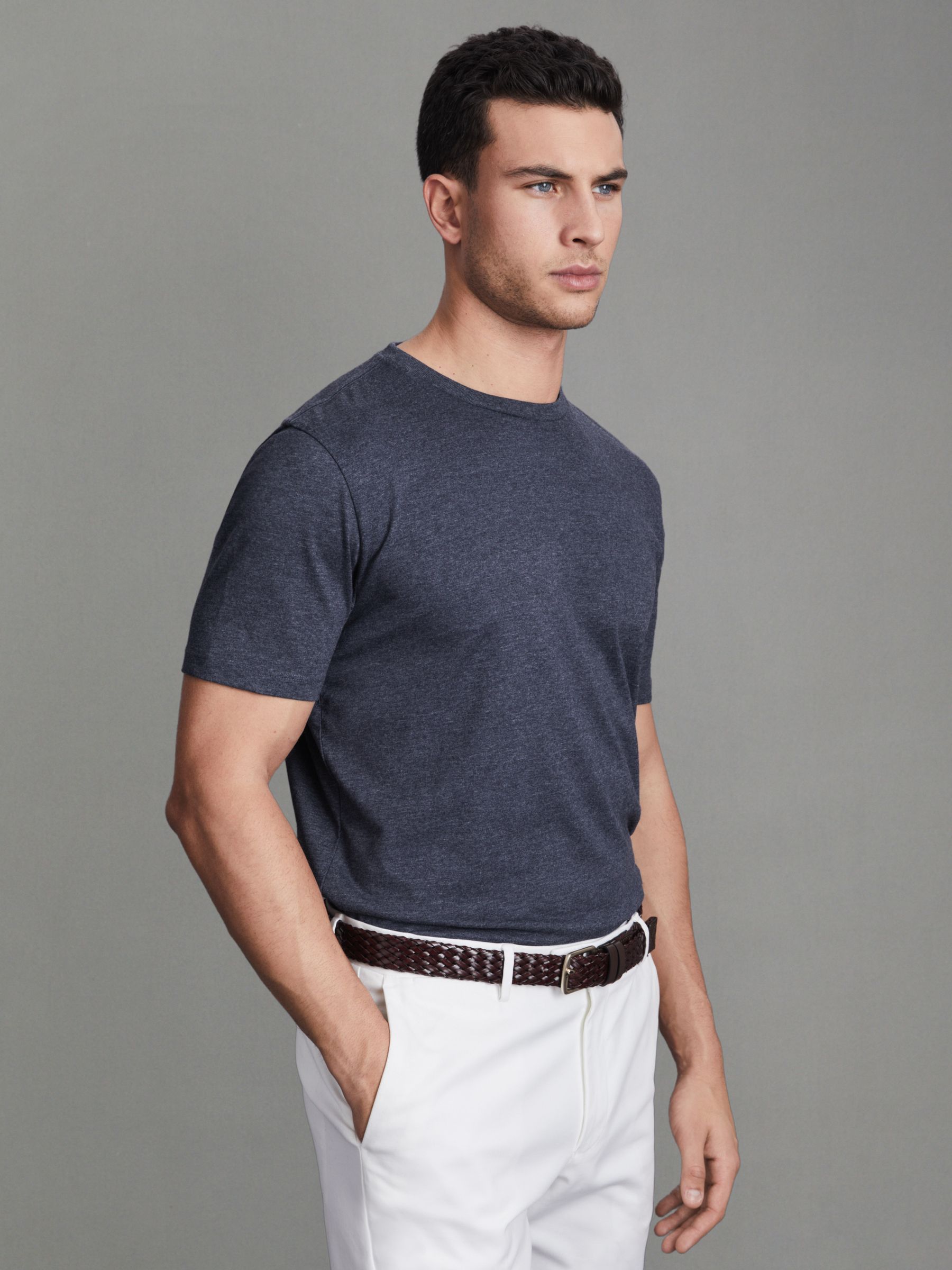 Cotton Crew Neck T-Shirt in Indigo Melange - Image 1 of 5 Cotton Crew Neck T-Shirt in Indigo Melange - Image 1 of 5