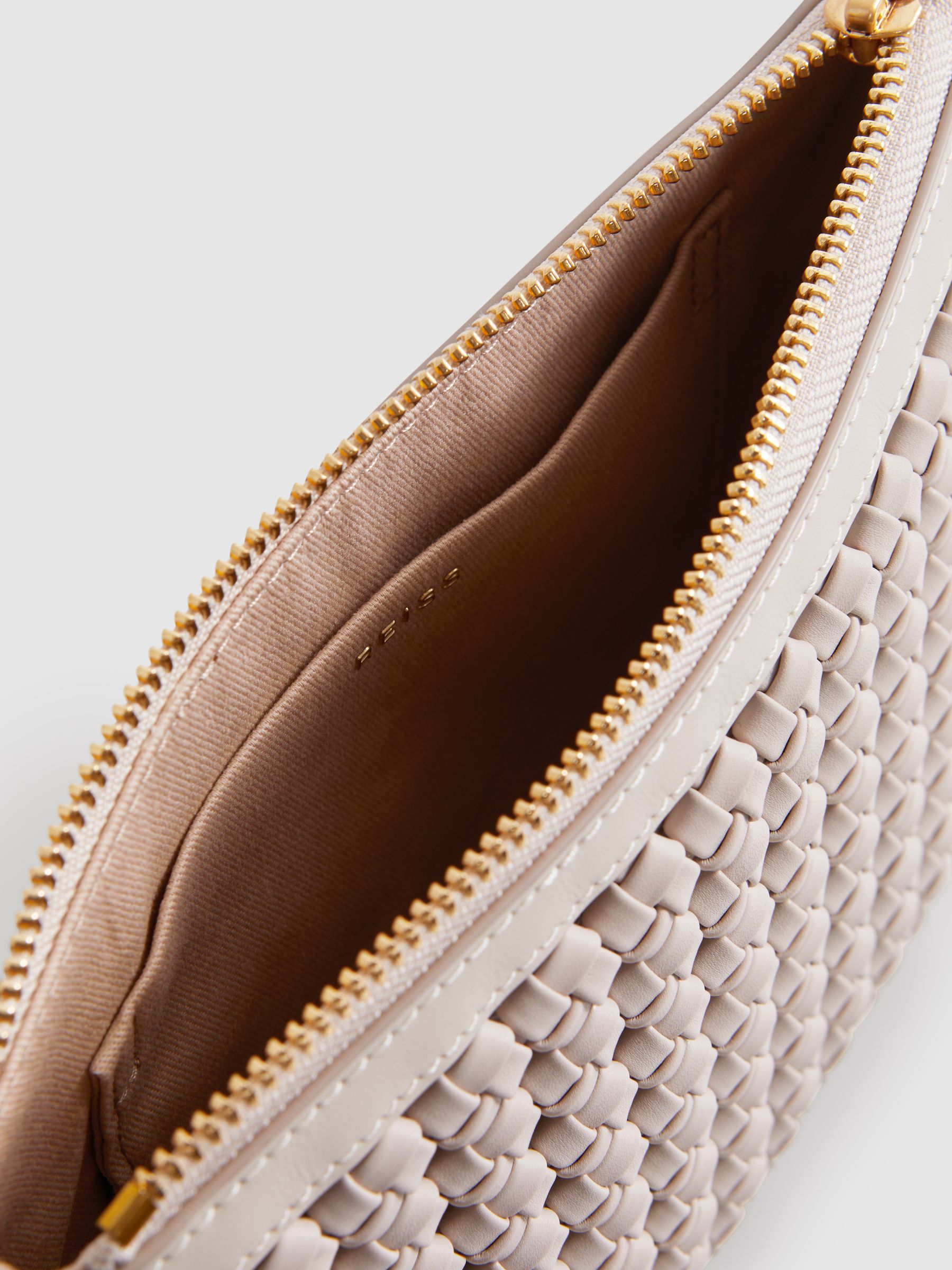 Leather Raffia Pouch Bag in Off White - Image 4 of 5