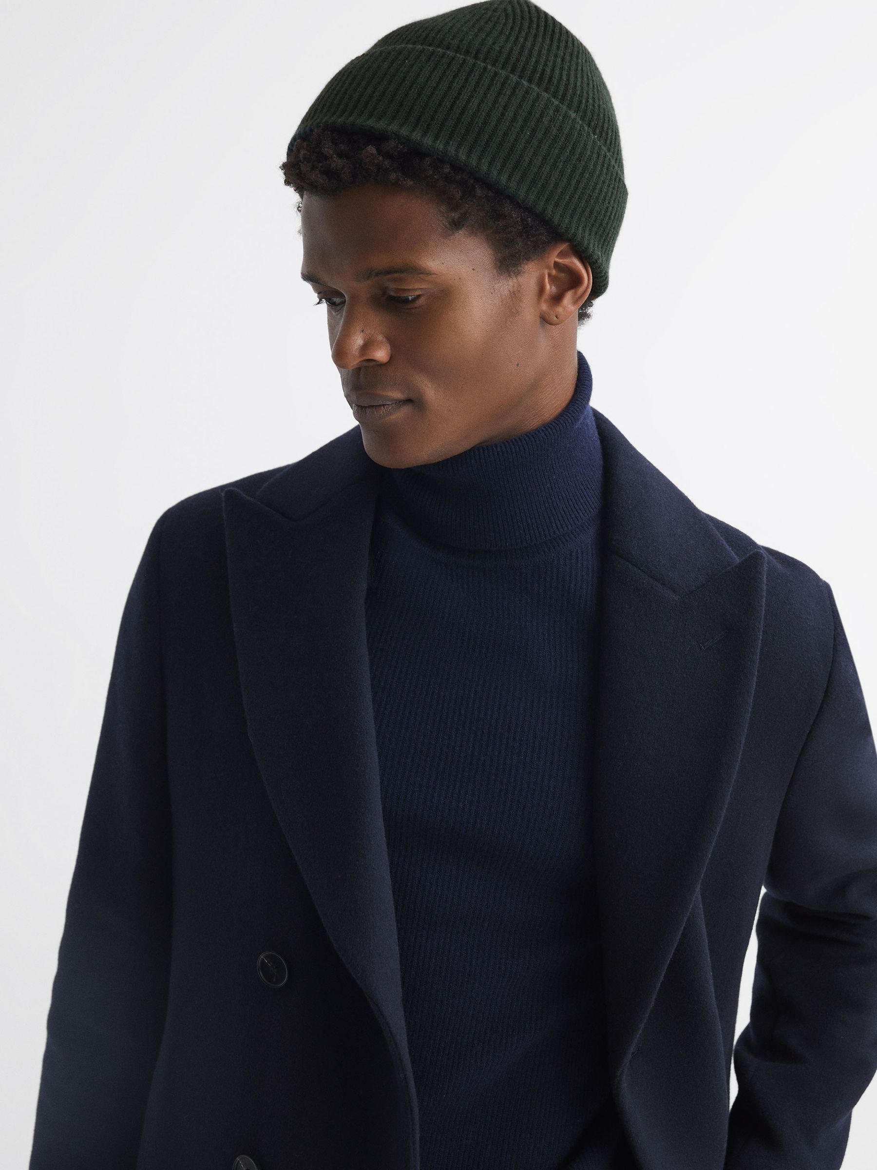 Merino Wool Ribbed Beanie Hat in Forest Green - Image 2 of 4