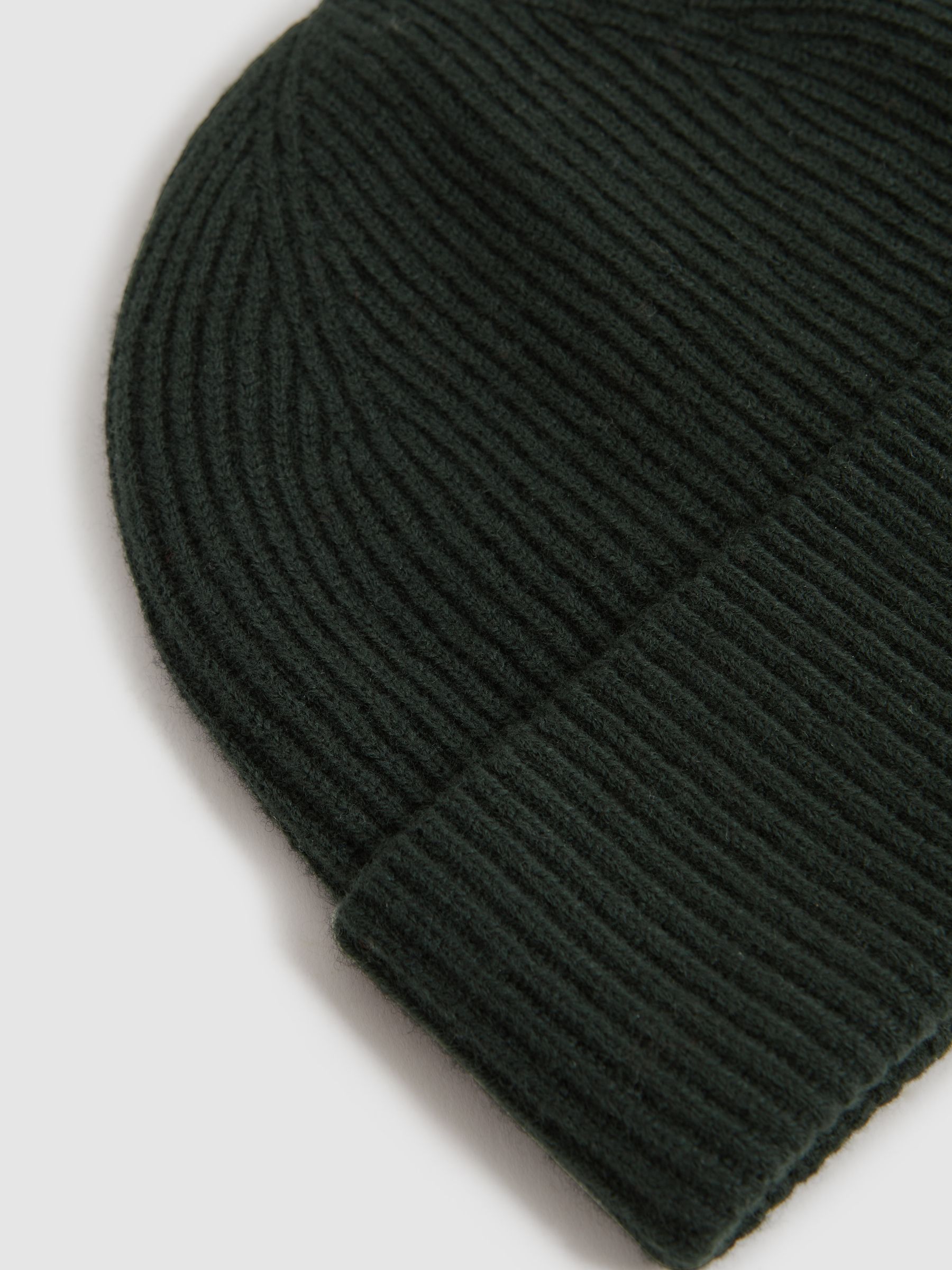 Merino Wool Ribbed Beanie Hat in Forest Green - Image 4 of 4