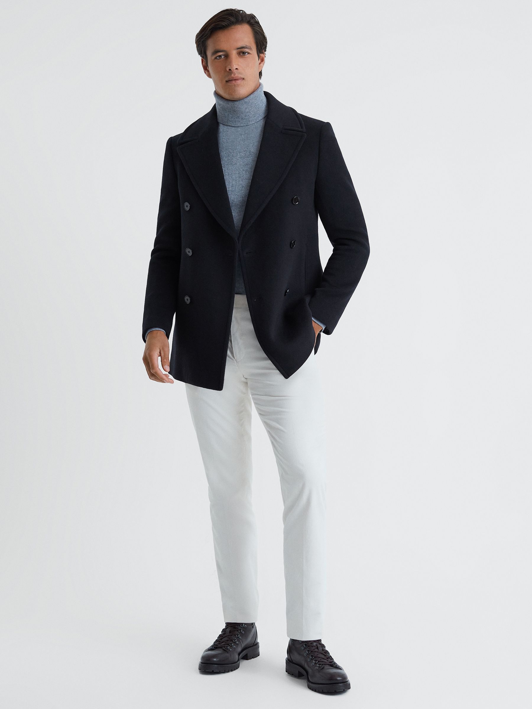 Wool Blend Double Breasted Peacoat in Light Navy - Image 4 of 6