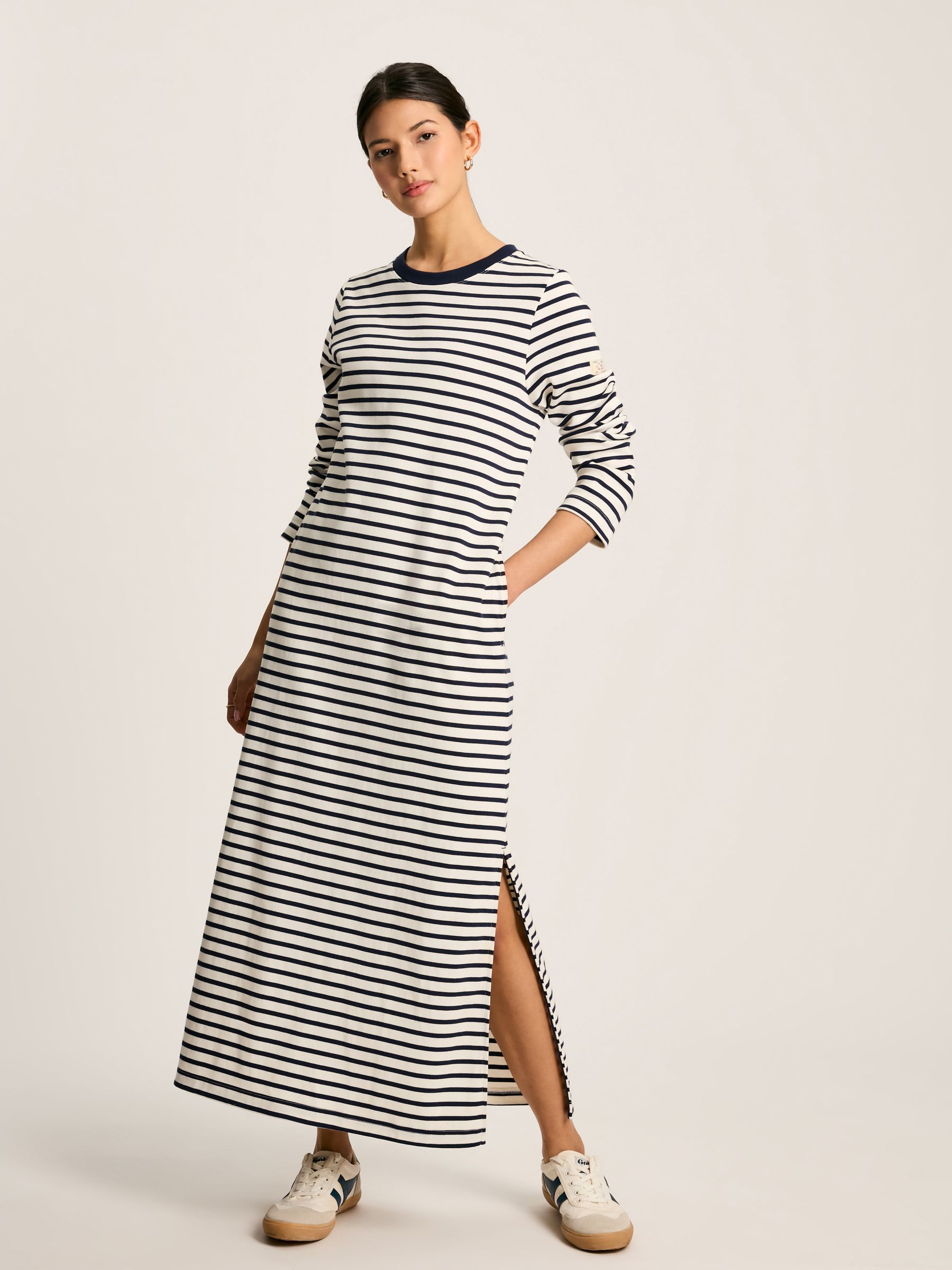 Cleo Navy& White Striped Long Sleeve Jersey Midi Dress - Image 1 of 6