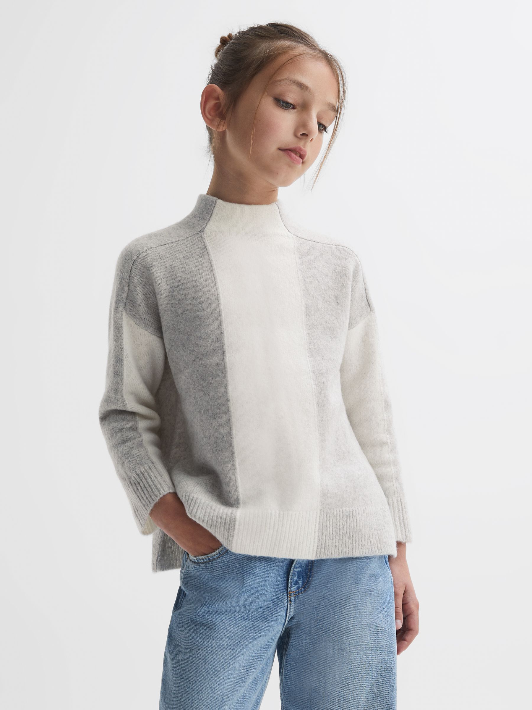 4-9 yrs Funnel Neck Striped Jumper in Grey/White - Image 1 of 4