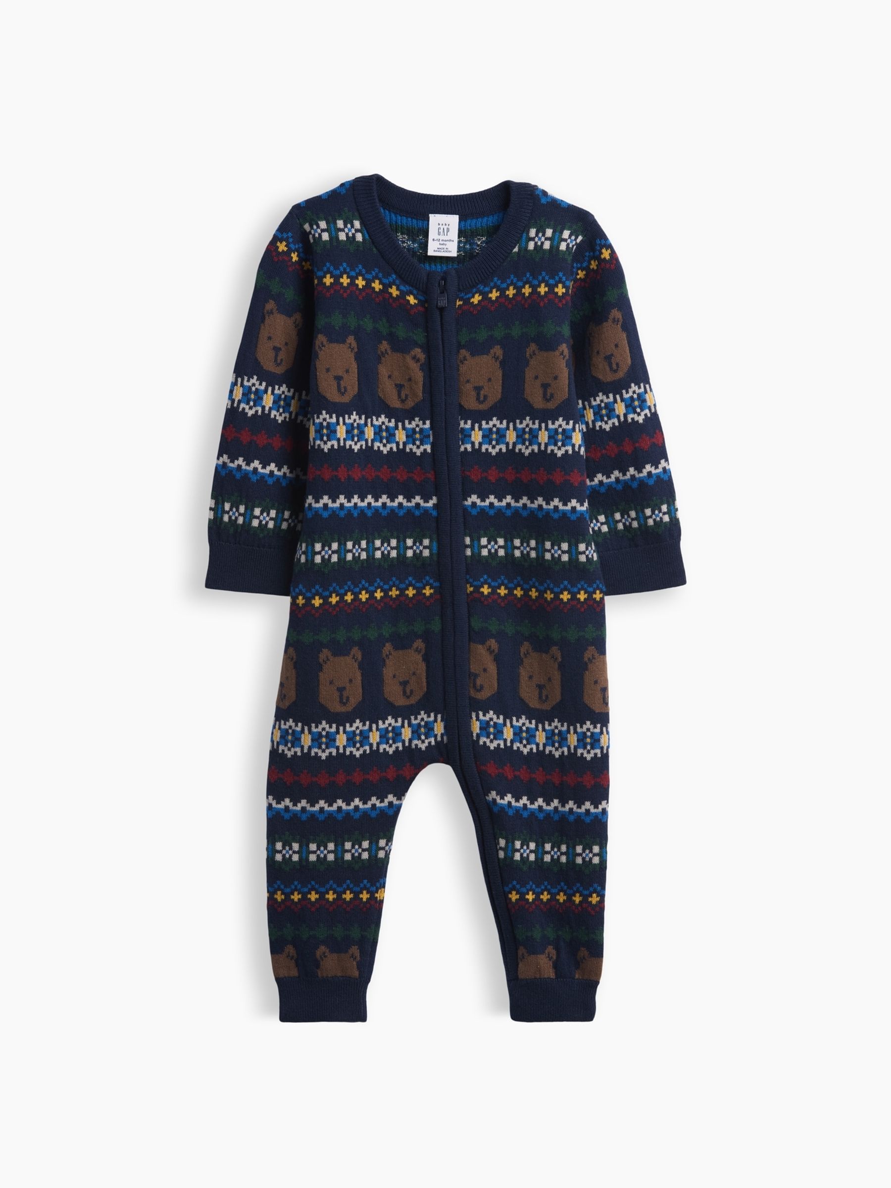 Navy Brannan Bear Fair Isle Knitted Zip-Up Baby All-In-One - Image 1 of 2