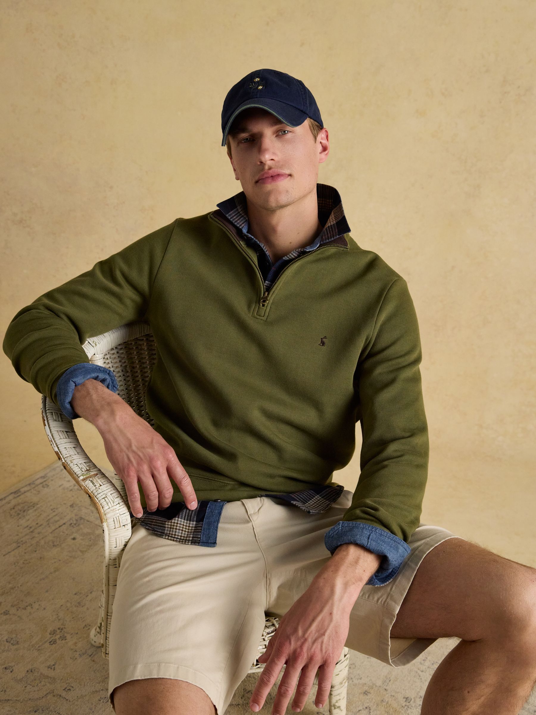 Alistair Khaki Green Quarter Zip Cotton Sweatshirt | Joules