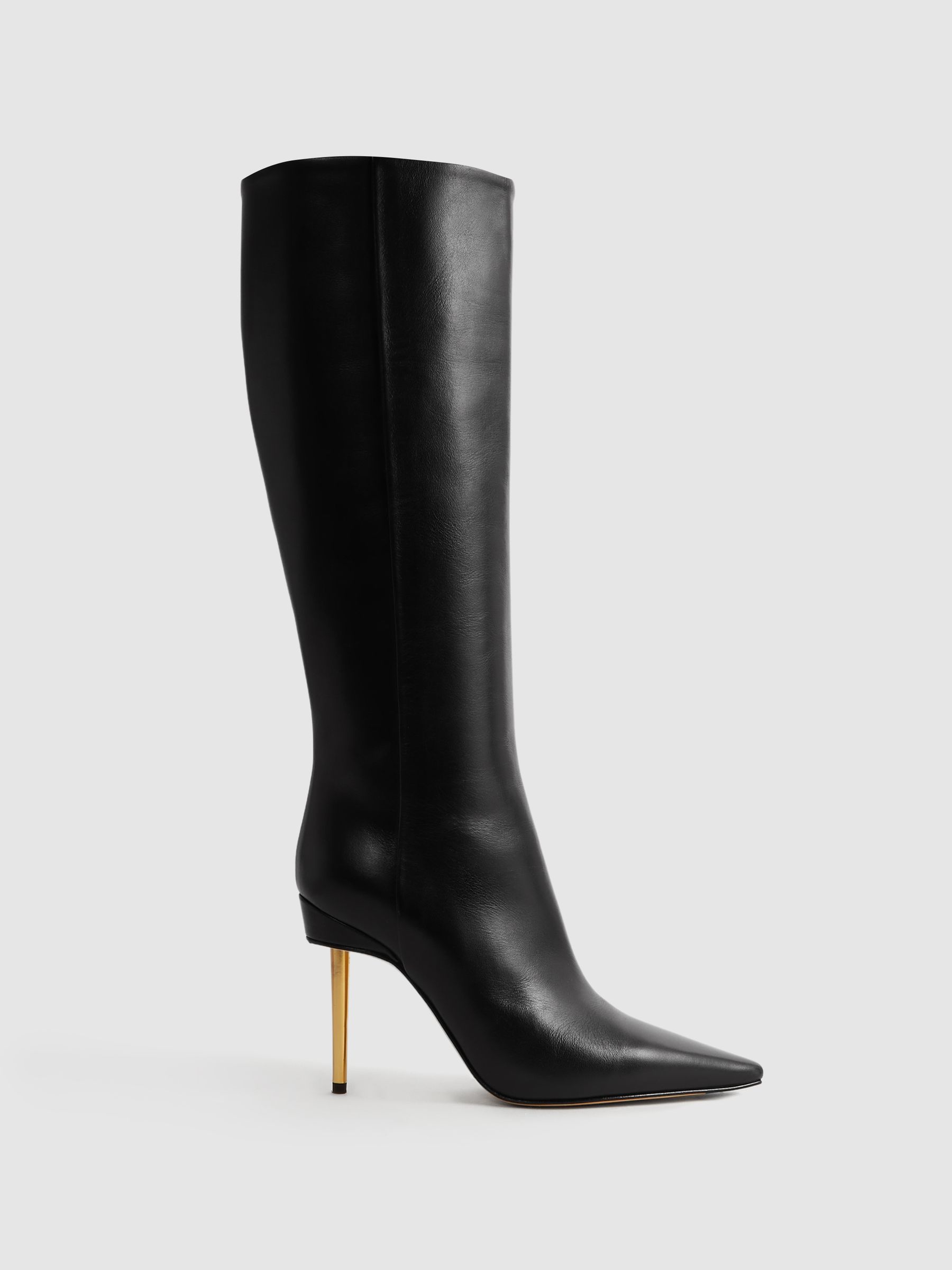 Italian Leather Heeled Knee-High Boots in Black - Image 1 of 7