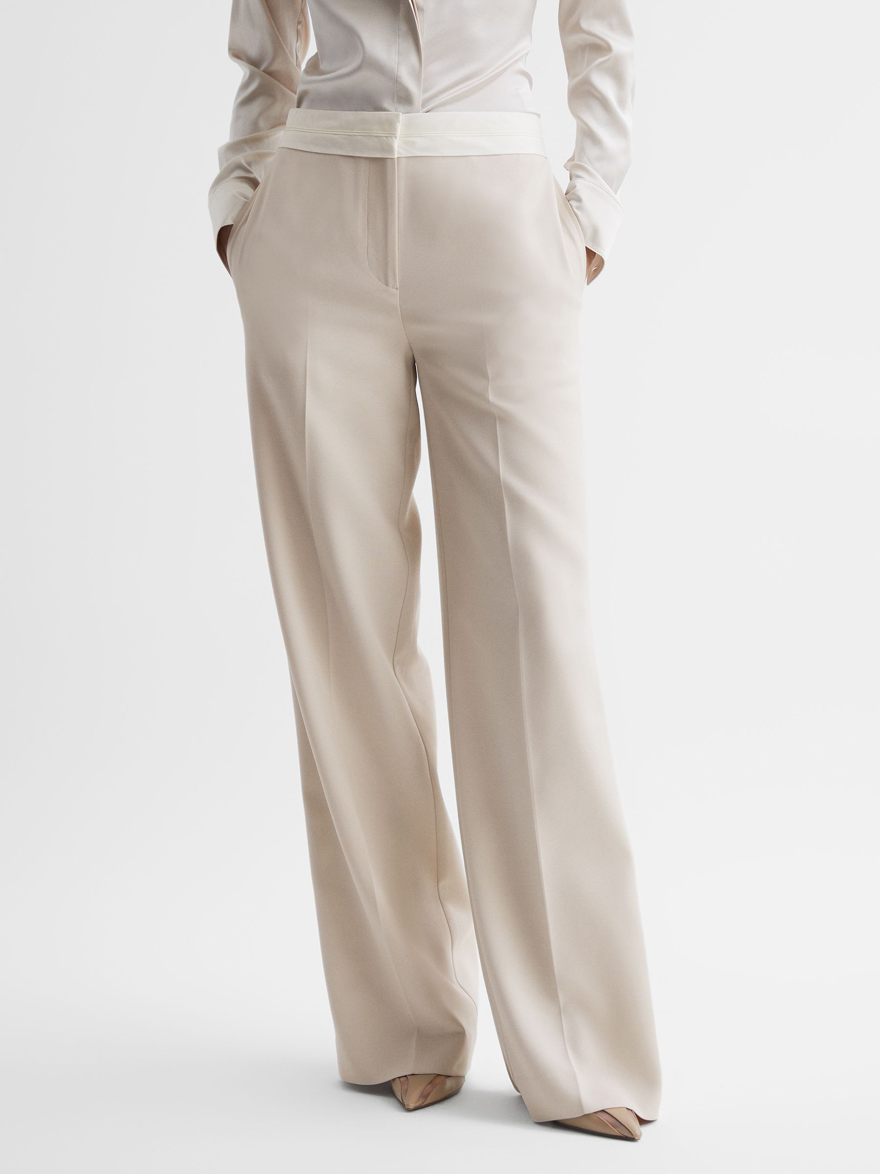 Petite Mid Rise Contrast Wide Leg Suit Trousers in Neutral - Image 1 of 6