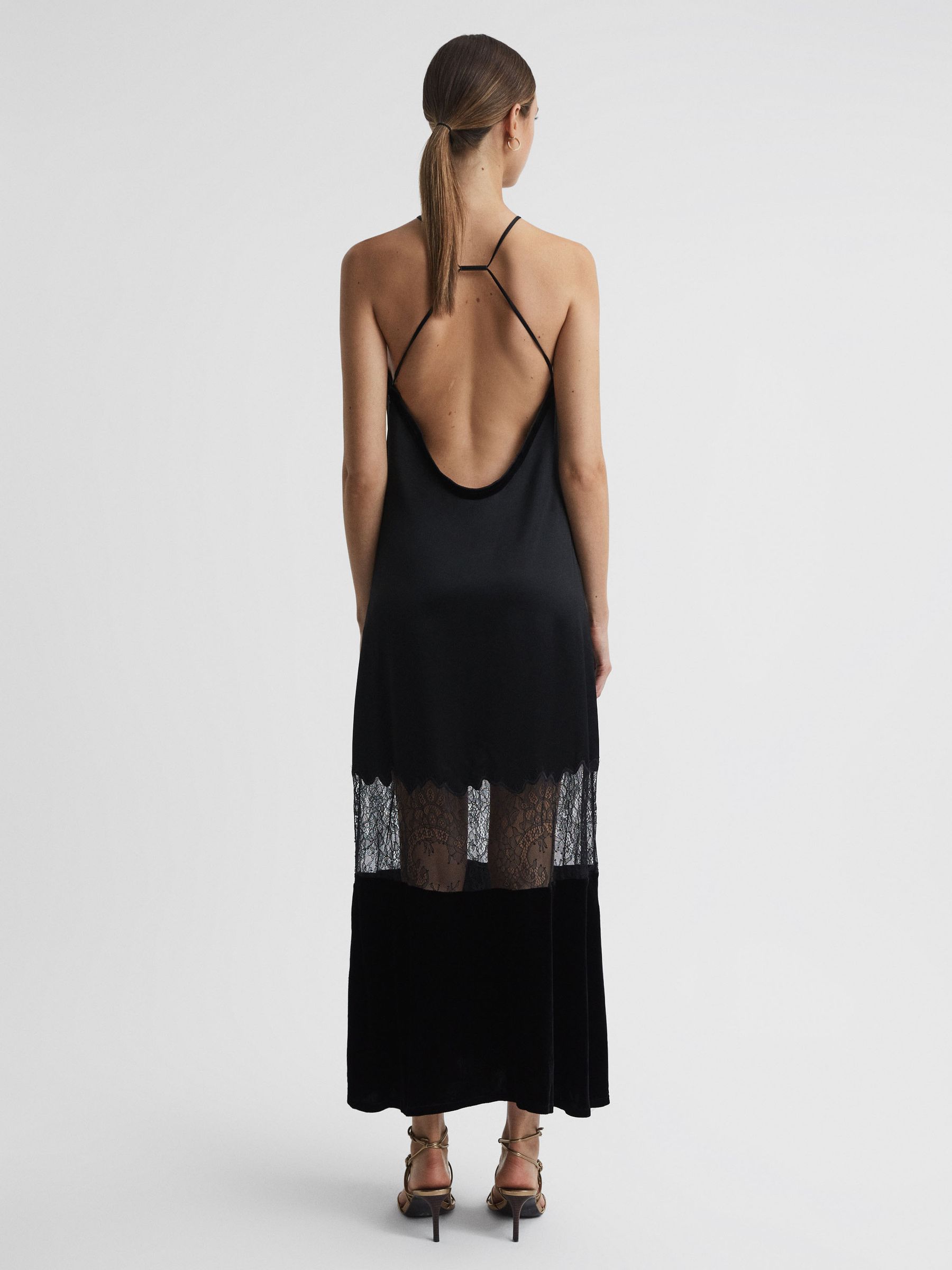 Fitted Satin-Velvet Midi Dress in Black - Image 4 of 4