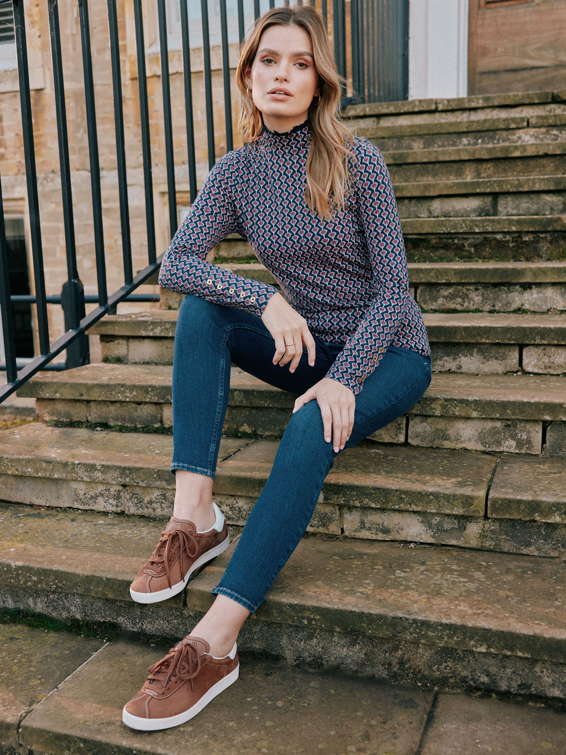 Amy Navy Floral Long Sleeve High Neck Jersey Top - Image 1 of 9