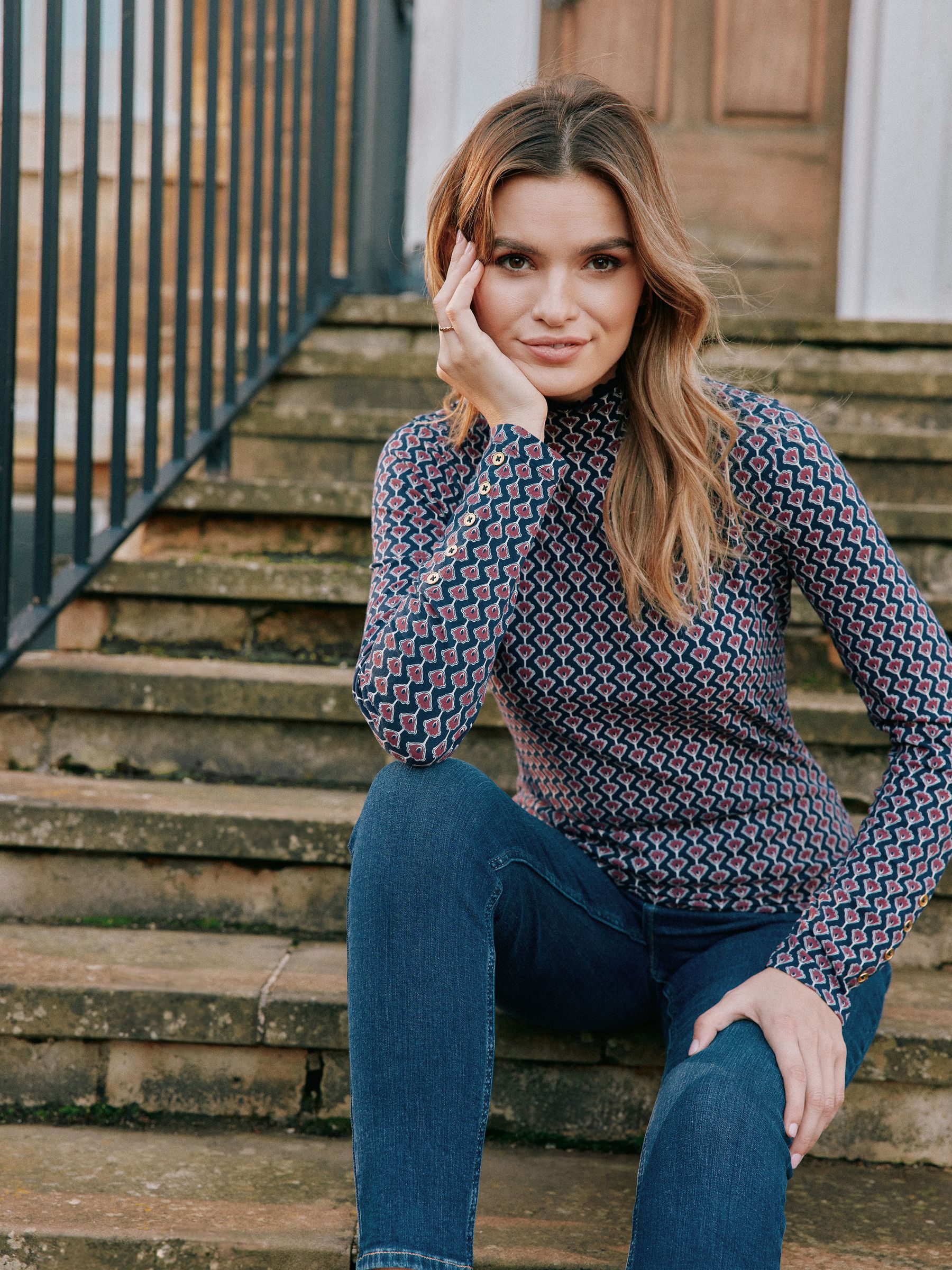 Amy Navy Floral Long Sleeve High Neck Jersey Top | Joules