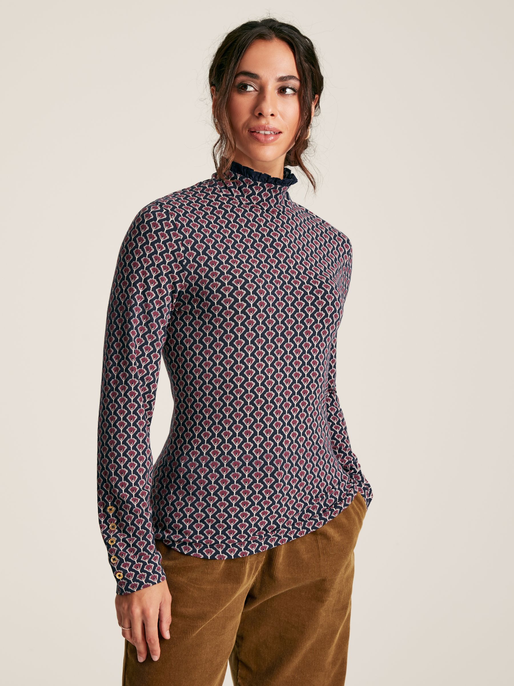 Amy Navy Floral Long Sleeve High Neck Jersey Top | Joules