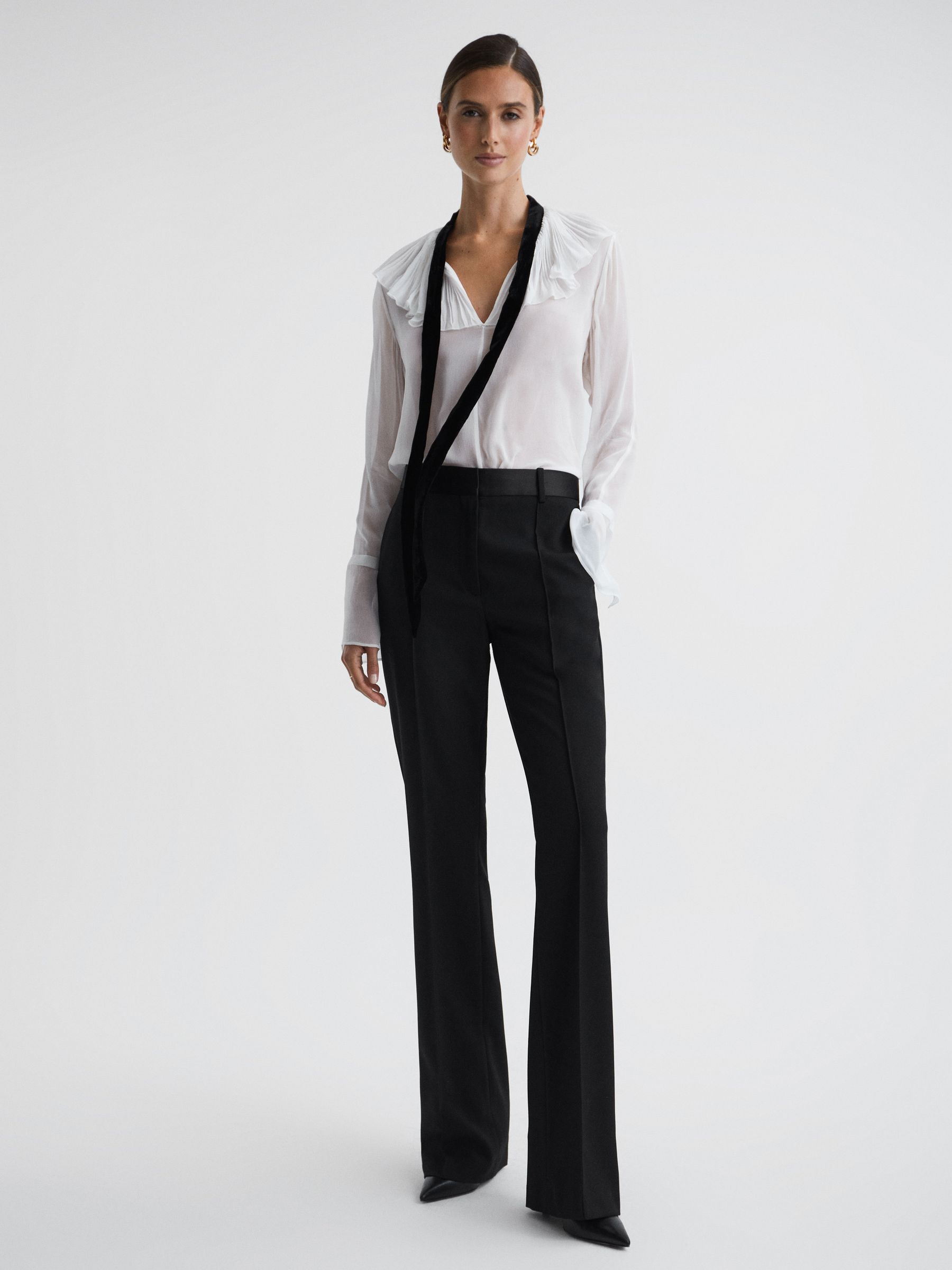 Flared Satin Waistband Suit Trousers in Black - Image 1 of 5