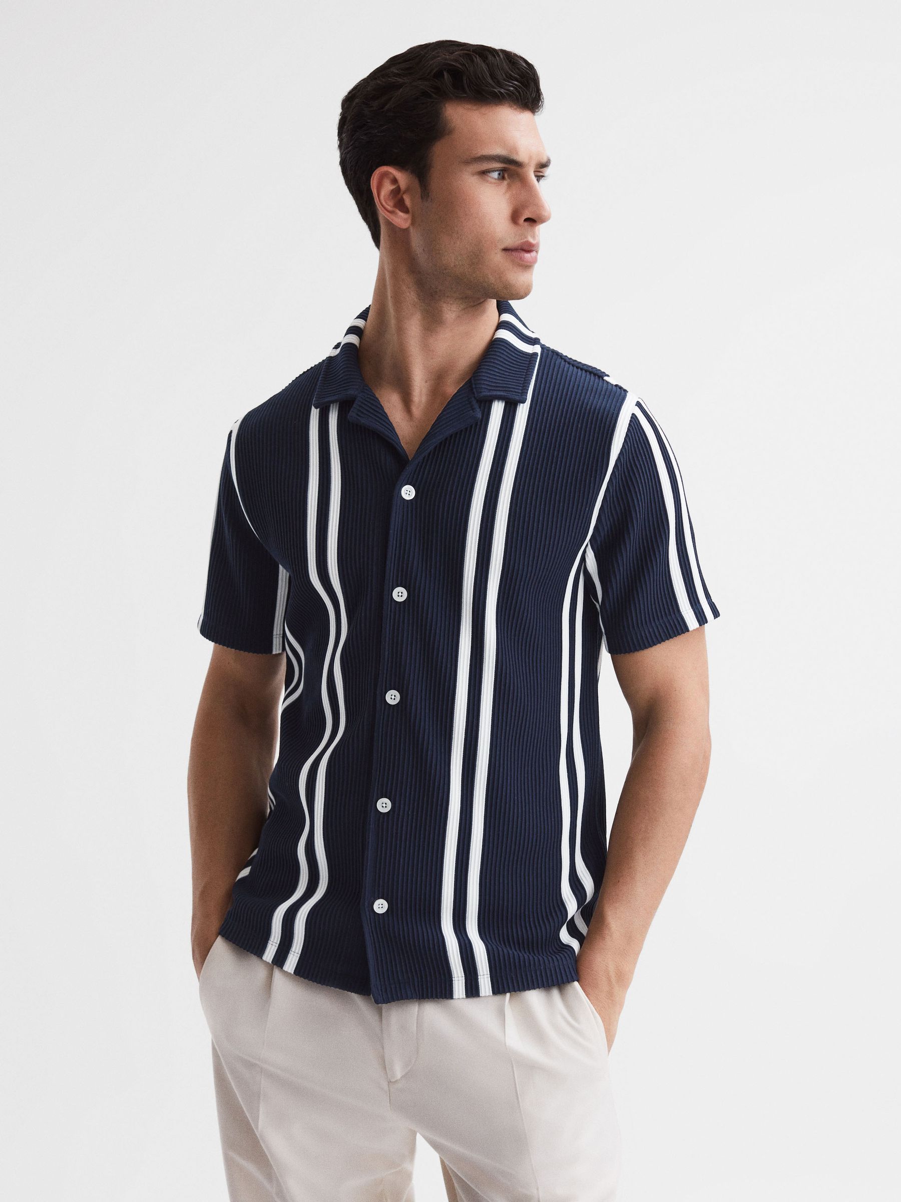 Ribbed Striped Cuban Collar Shirt in Navy/White - Image 1 of 5