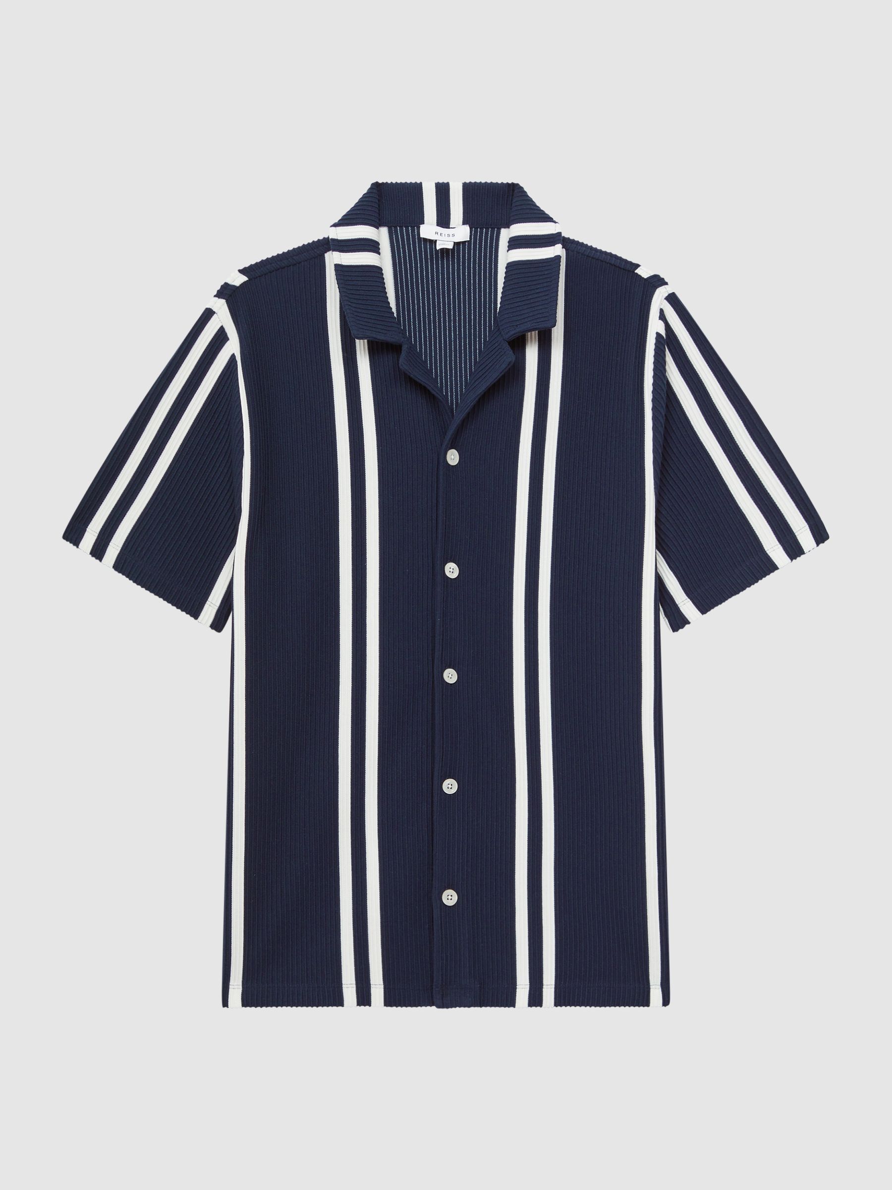 Ribbed Striped Cuban Collar Shirt in Navy/White - Image 2 of 5