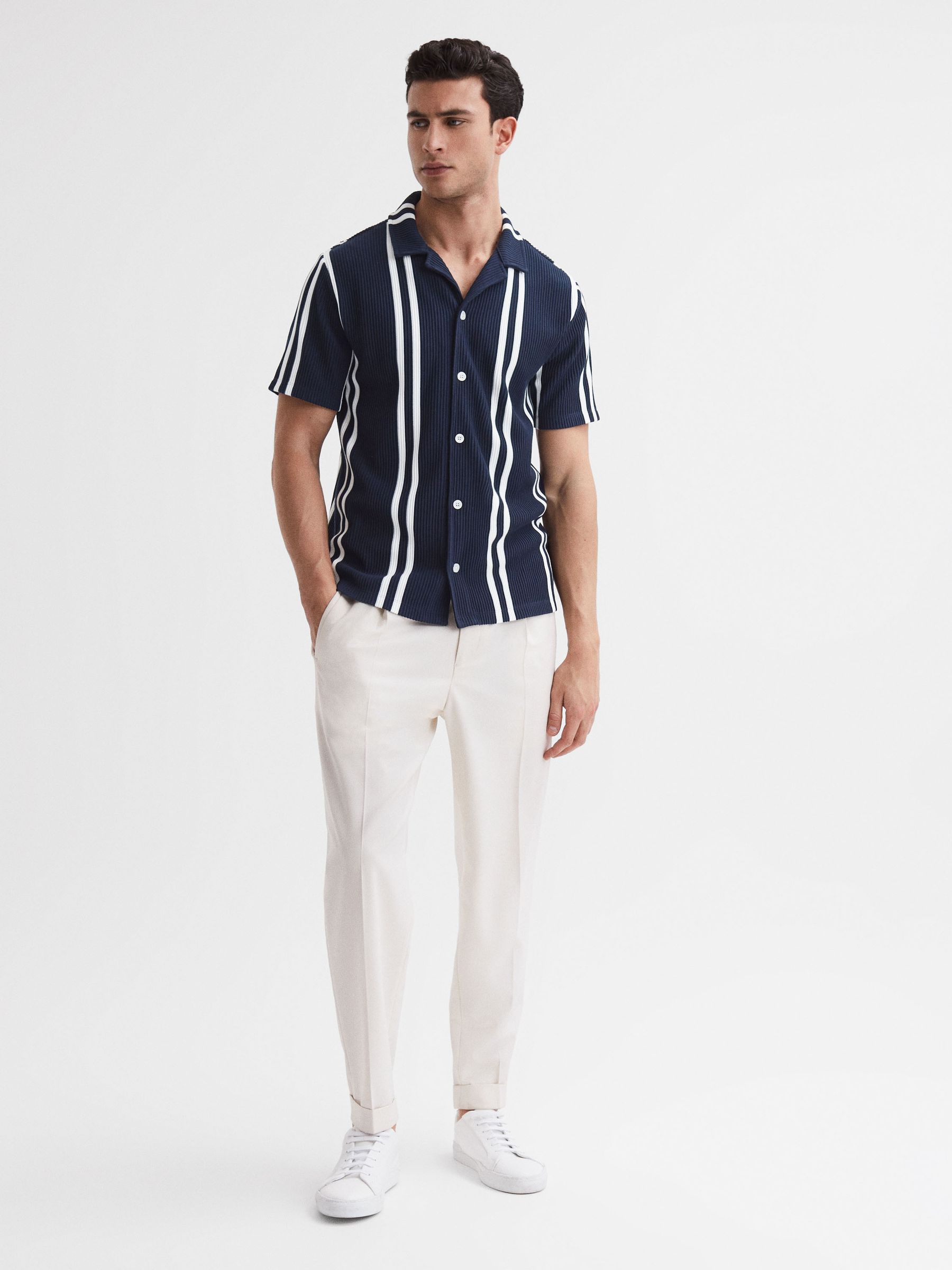 Ribbed Striped Cuban Collar Shirt in Navy/White - Image 3 of 5