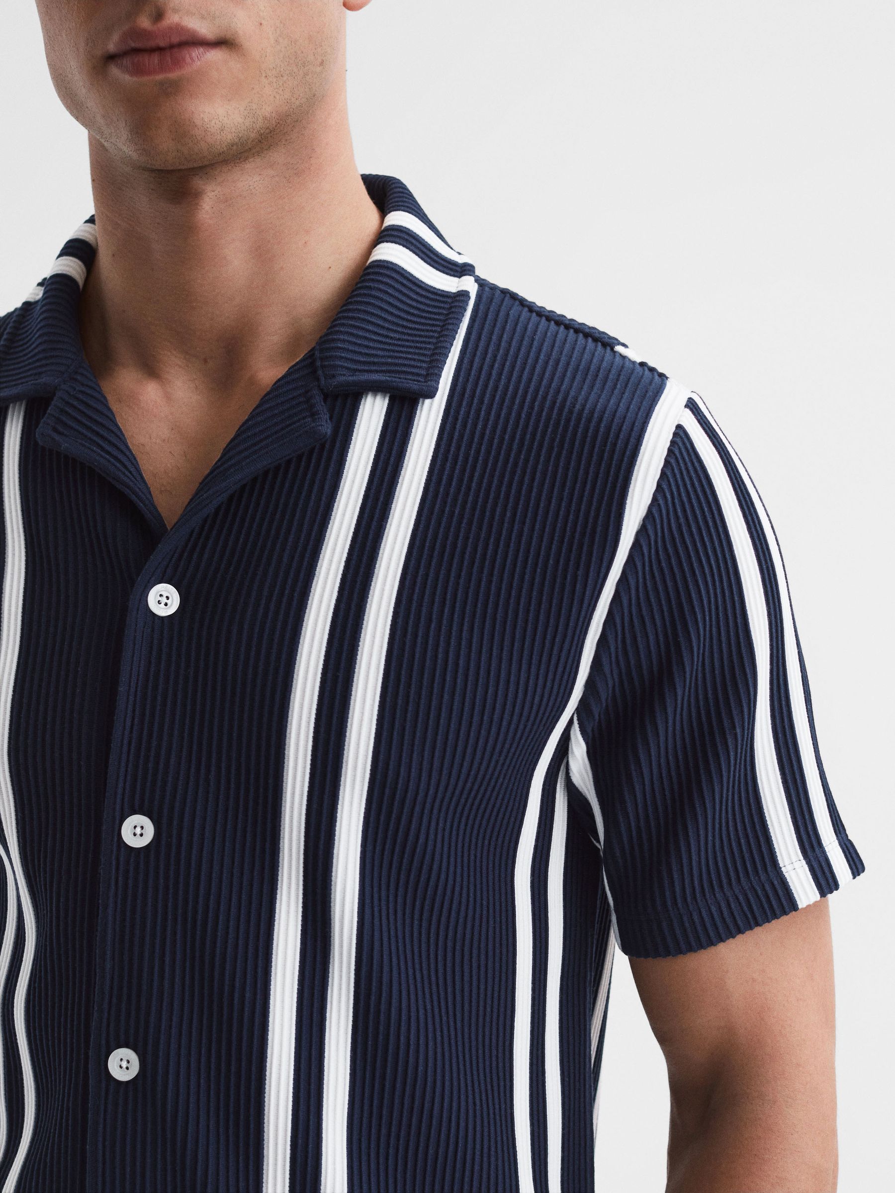 Ribbed Striped Cuban Collar Shirt in Navy/White - Image 4 of 5