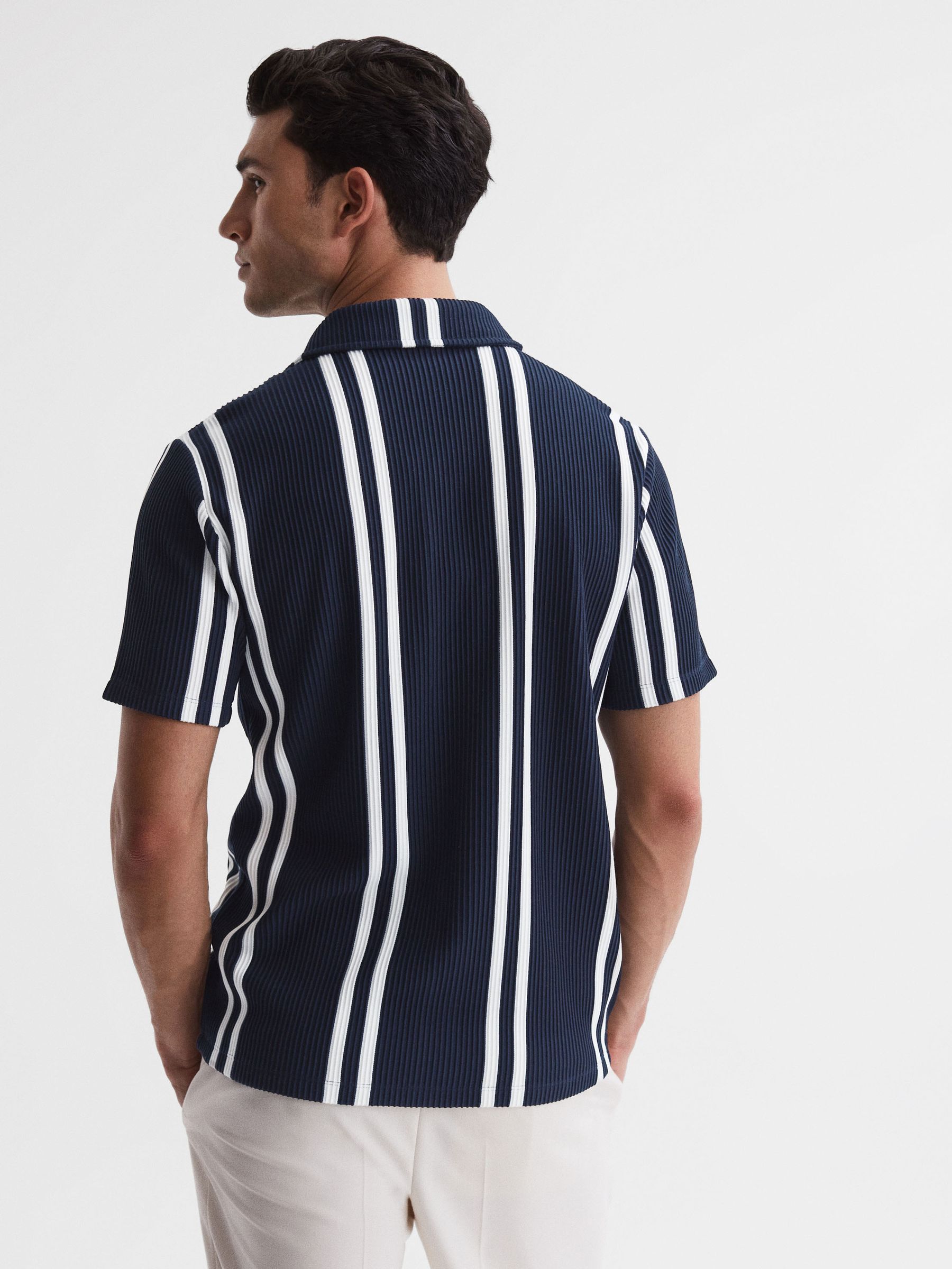 Ribbed Striped Cuban Collar Shirt in Navy/White - Image 5 of 5