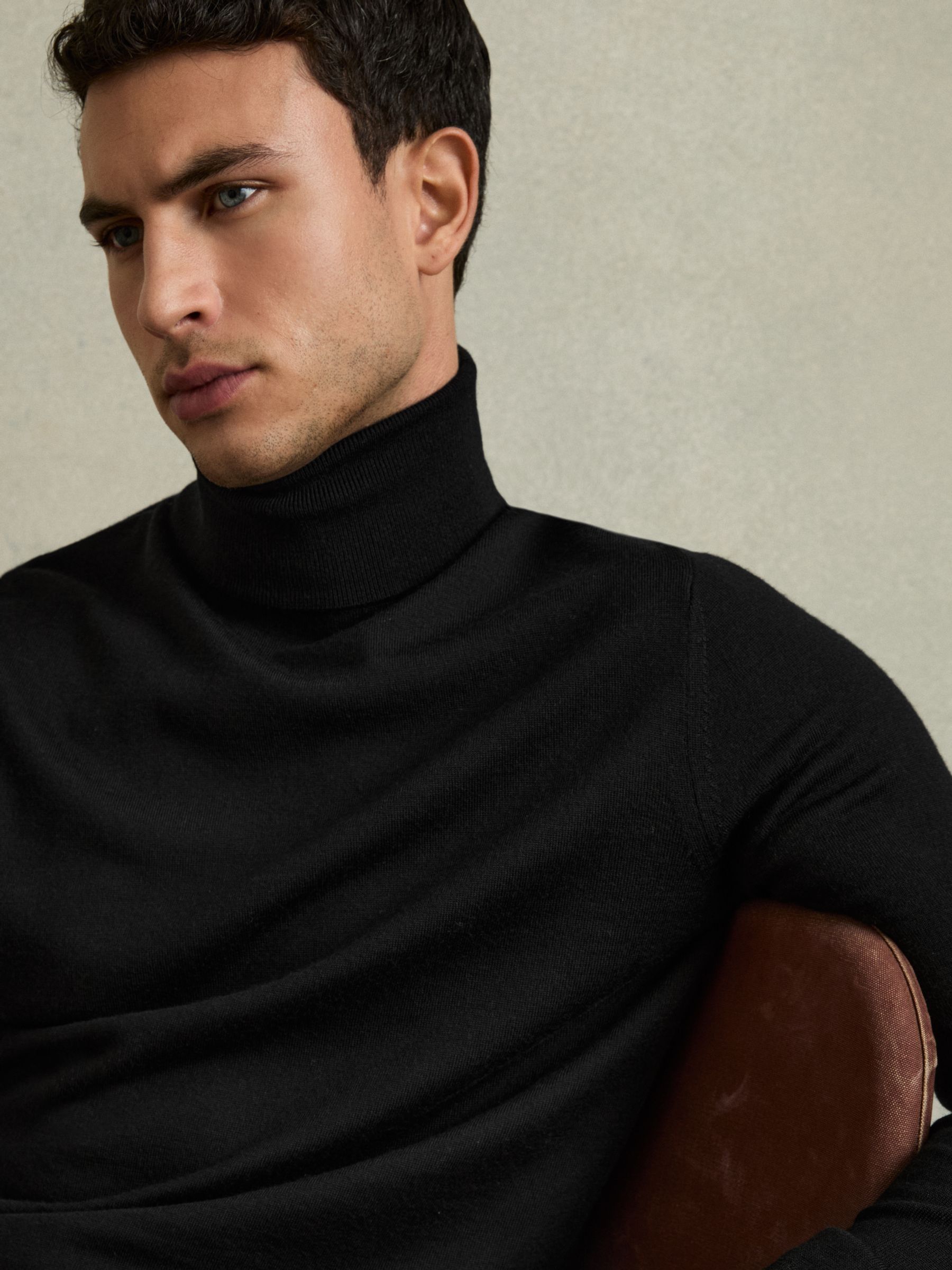 Slim Fit Merino Wool Roll Neck Jumper in Black - Image 4 of 6