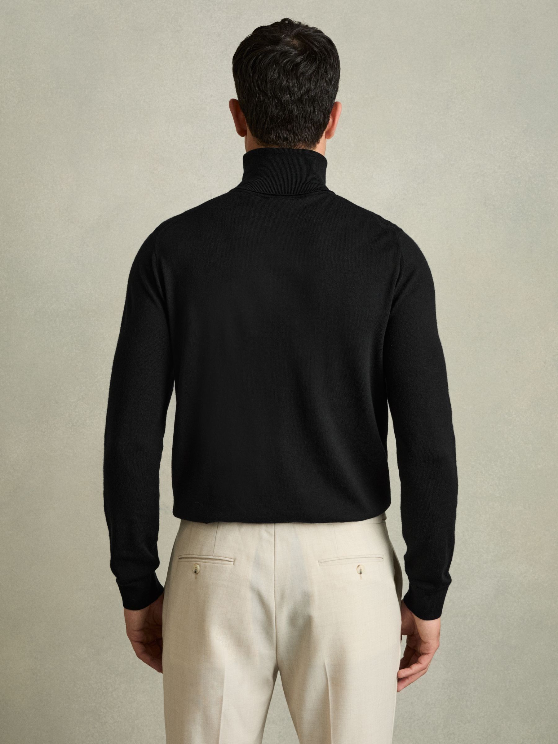 Slim Fit Merino Wool Roll Neck Jumper in Black - Image 5 of 6