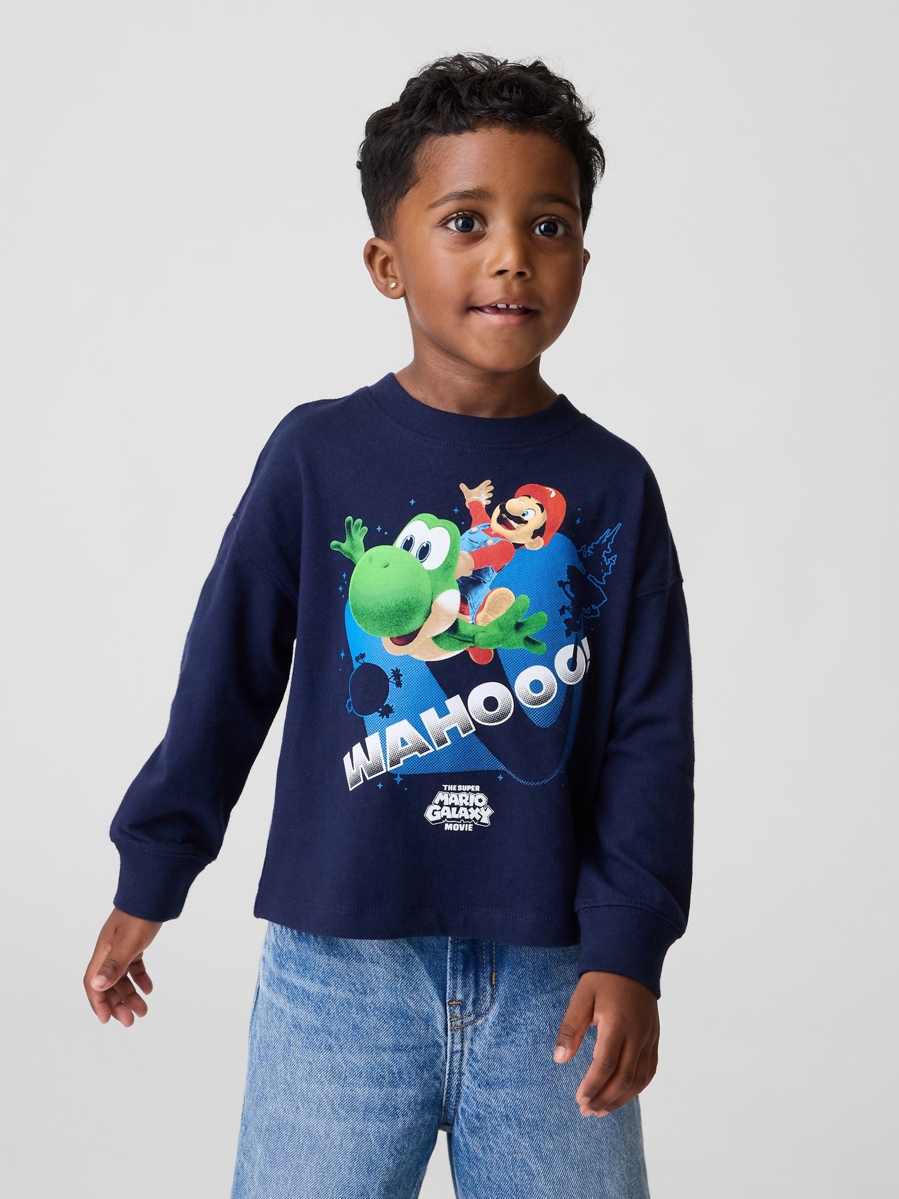 Navy Super Mario Graphic Long Sleeve T-Shirt - Image 1 of 4 Navy Super Mario Graphic Long Sleeve T-Shirt - Image 1 of 4