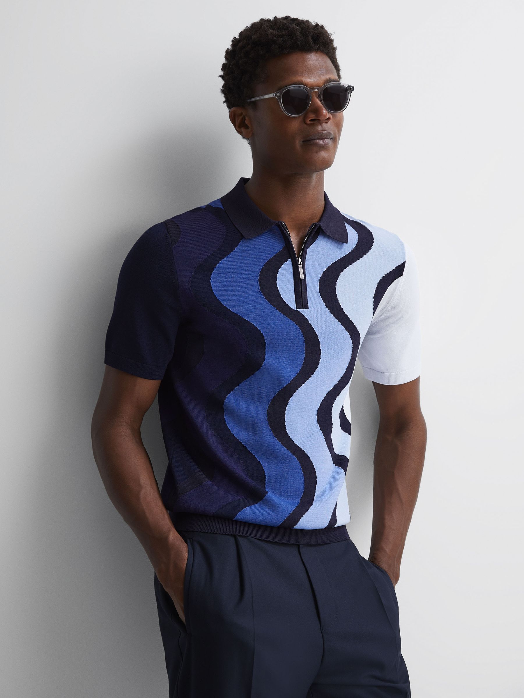 Reiss | Ché Half-Zip Wave Polo Shirt in Blue Multi - Image 1 of 5
