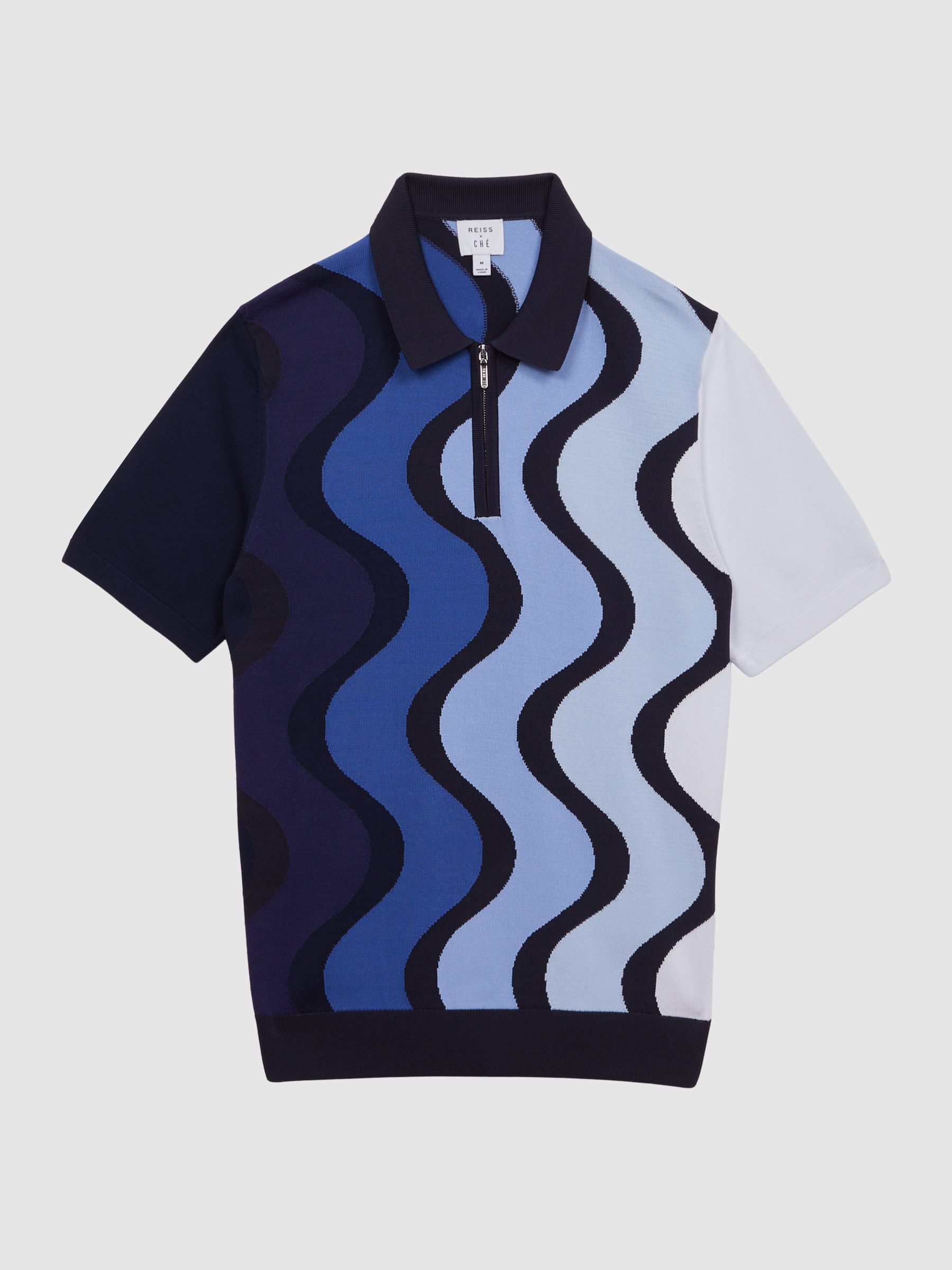 Reiss | Ché Half-Zip Wave Polo Shirt in Blue Multi - Image 2 of 5 Reiss | Ché Half-Zip Wave Polo Shirt in Blue Multi - Image 2 of 5