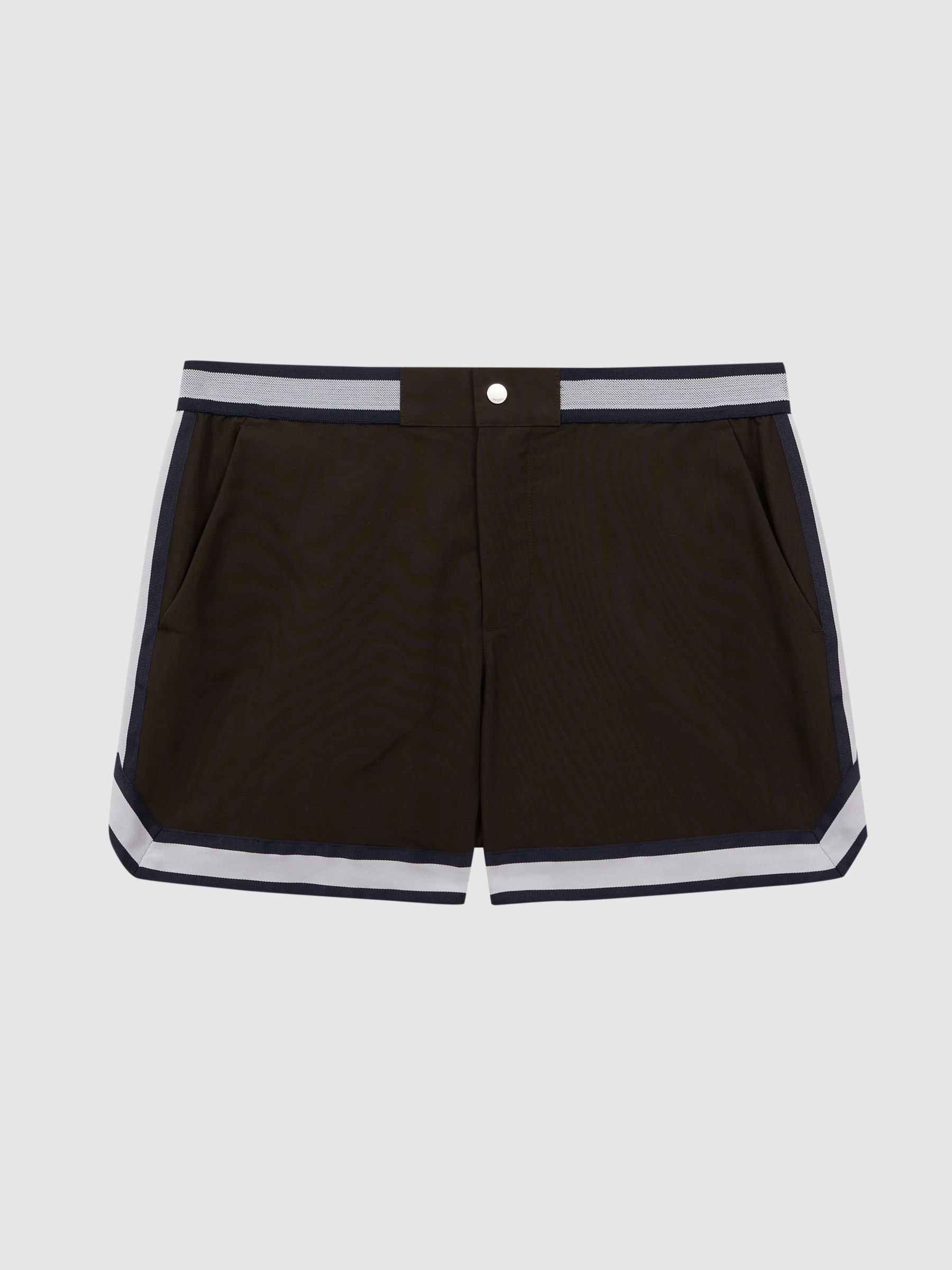 Reiss | Ché Elasticated Waist Contrast Swim Shorts in Chocolate/Navy - Image 2 of 6 Reiss | Ché Elasticated Waist Contrast Swim Shorts in Chocolate/Navy - Image 2 of 6