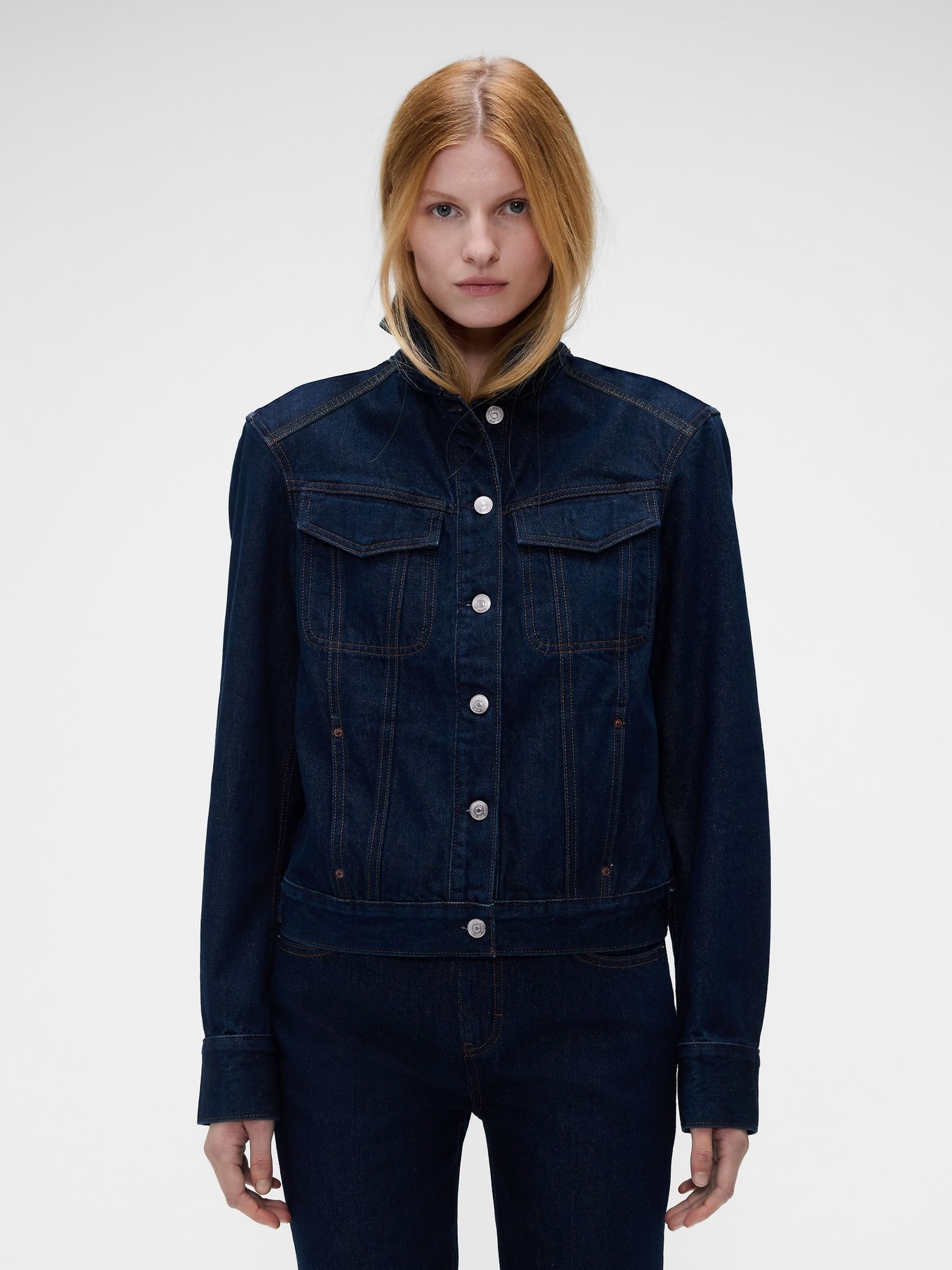 Gap x Victoria Beckham Dark Wash Latch-Collar Denim Jacket - Image 1 of 6 Gap x Victoria Beckham Dark Wash Latch-Collar Denim Jacket - Image 1 of 6