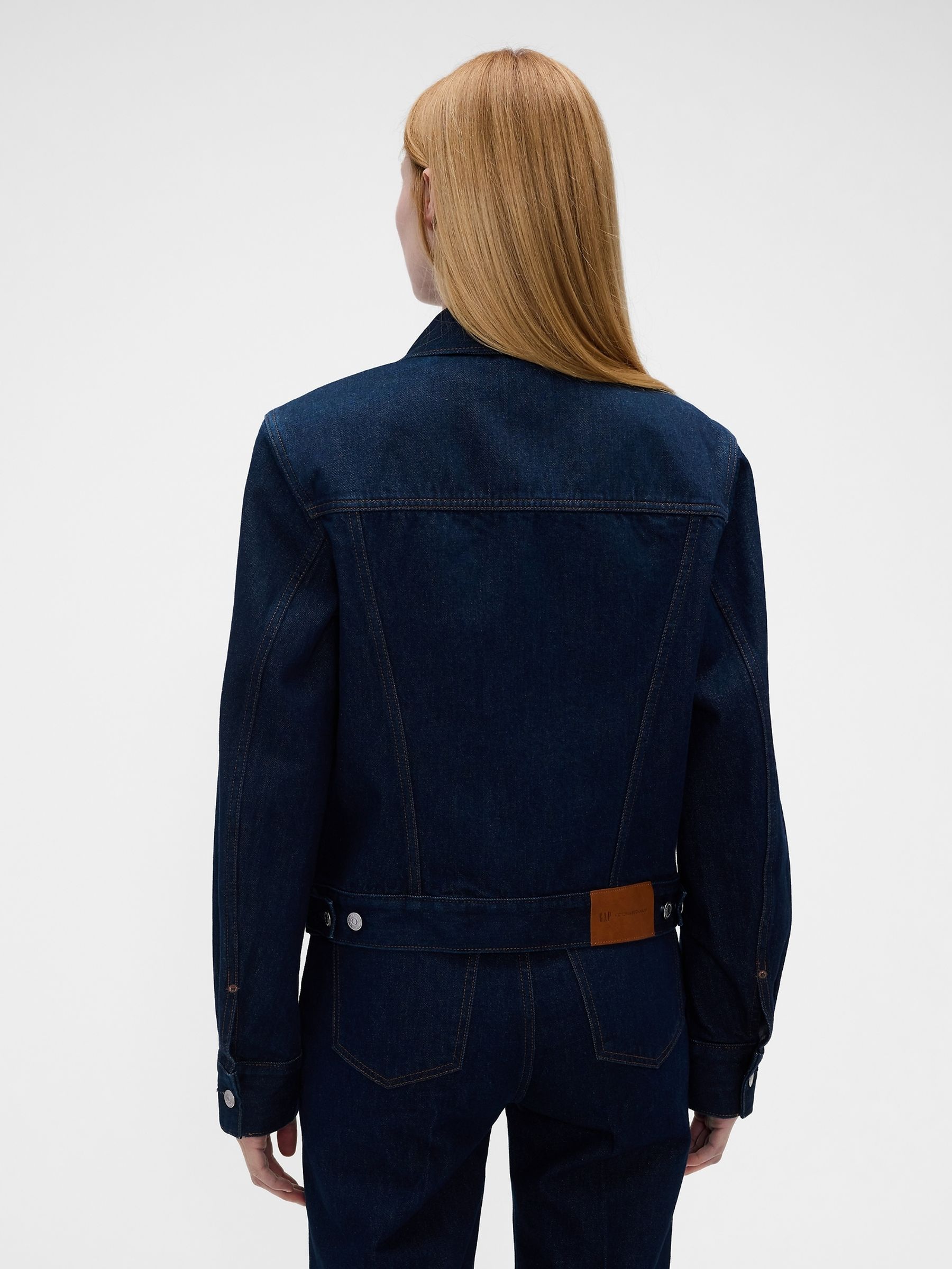 Gap x Victoria Beckham Dark Wash Latch-Collar Denim Jacket - Image 2 of 6 Gap x Victoria Beckham Dark Wash Latch-Collar Denim Jacket - Image 2 of 6