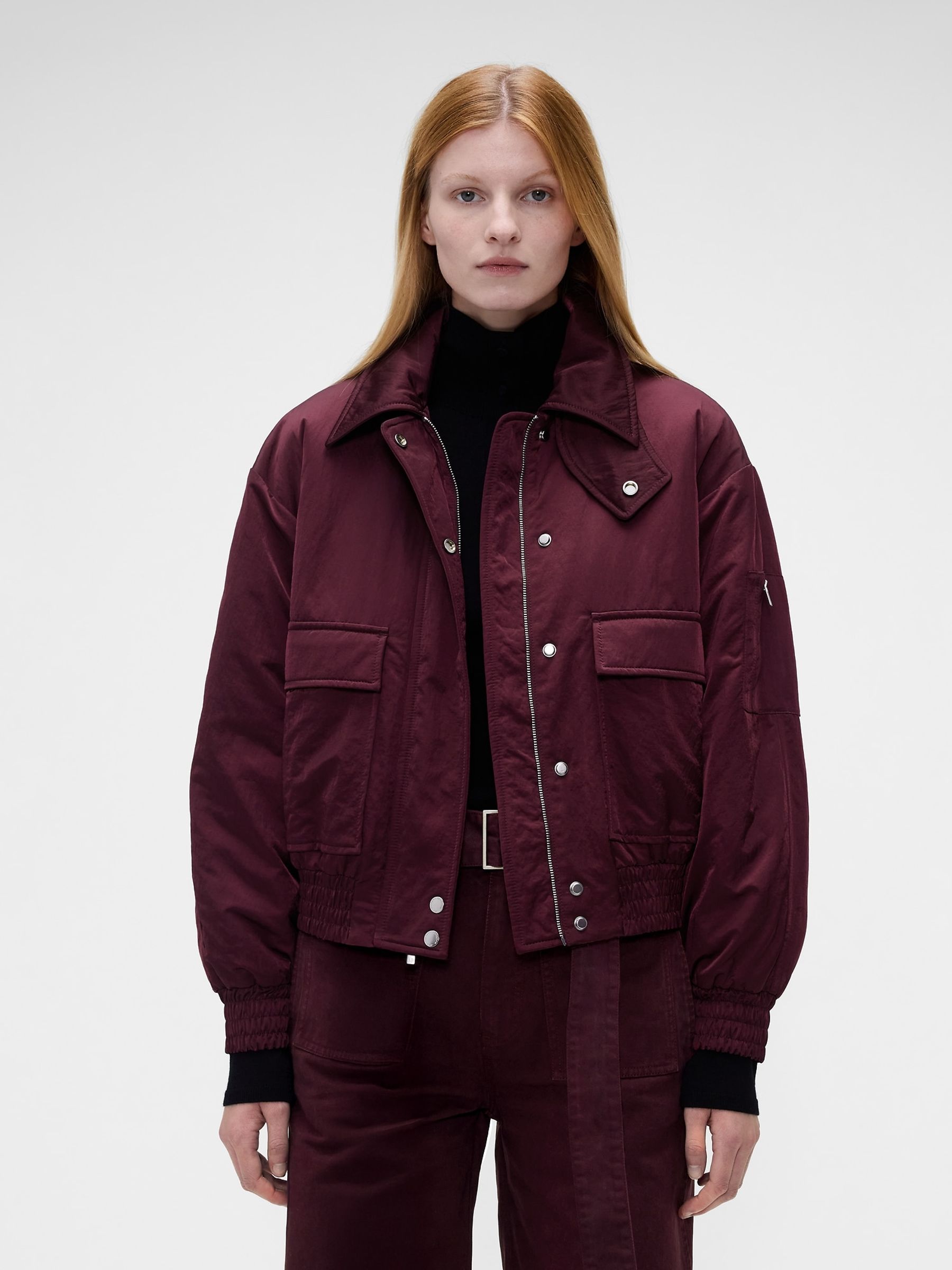 Gap x Victoria Beckham Burgundy Red Oversized Satin Bomber Jacket - Image 1 of 8