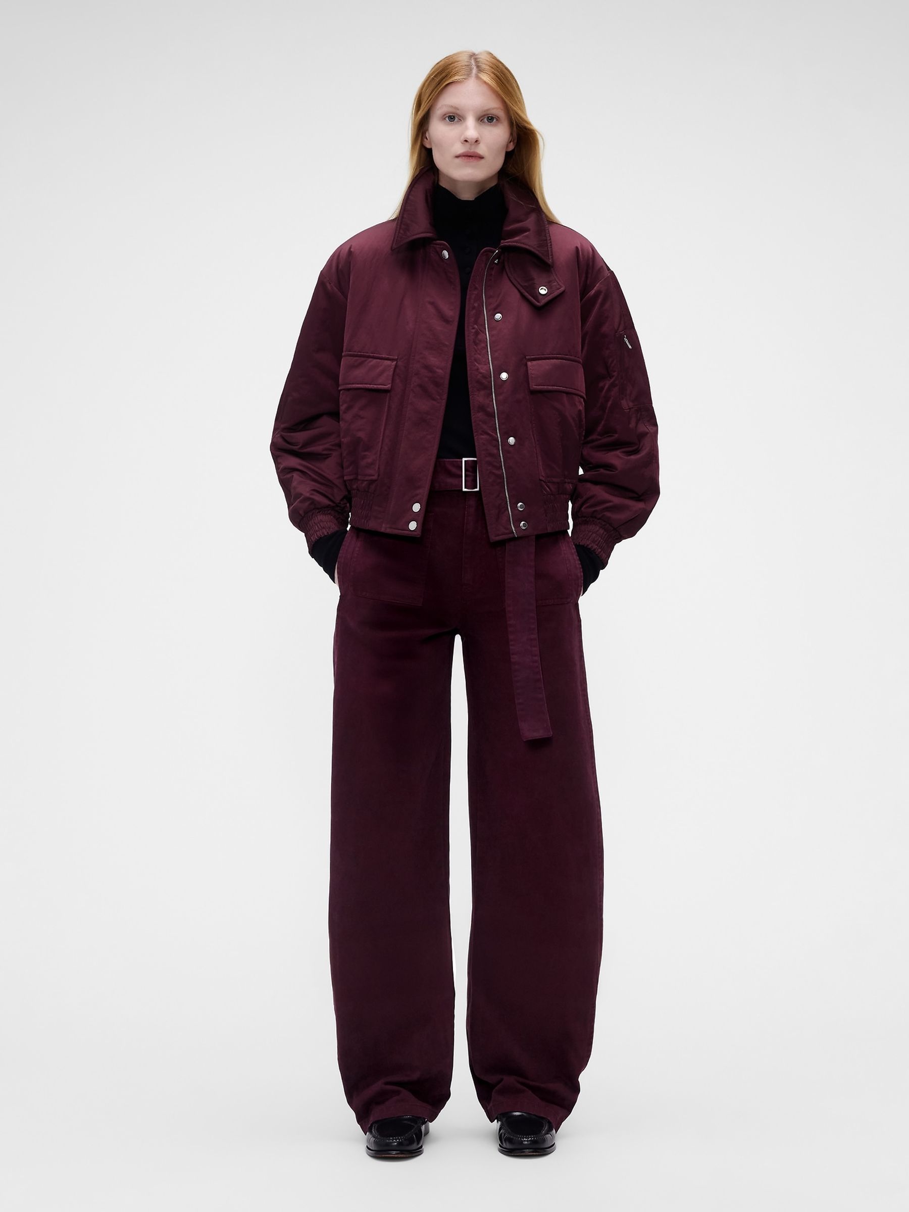 Gap x Victoria Beckham Burgundy Red Oversized Satin Bomber Jacket - Image 3 of 8