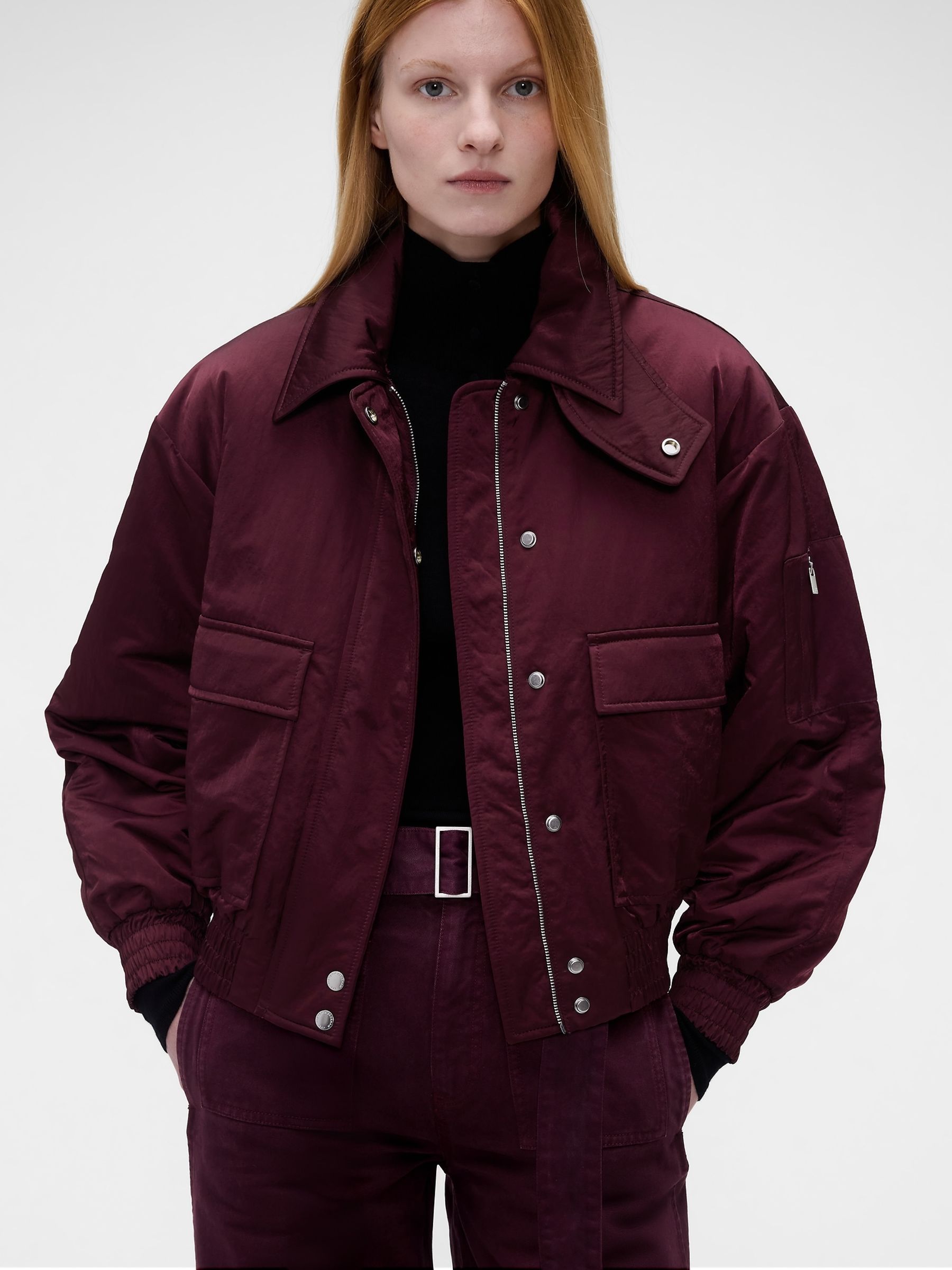 Gap x Victoria Beckham Burgundy Red Oversized Satin Bomber Jacket - Image 4 of 8