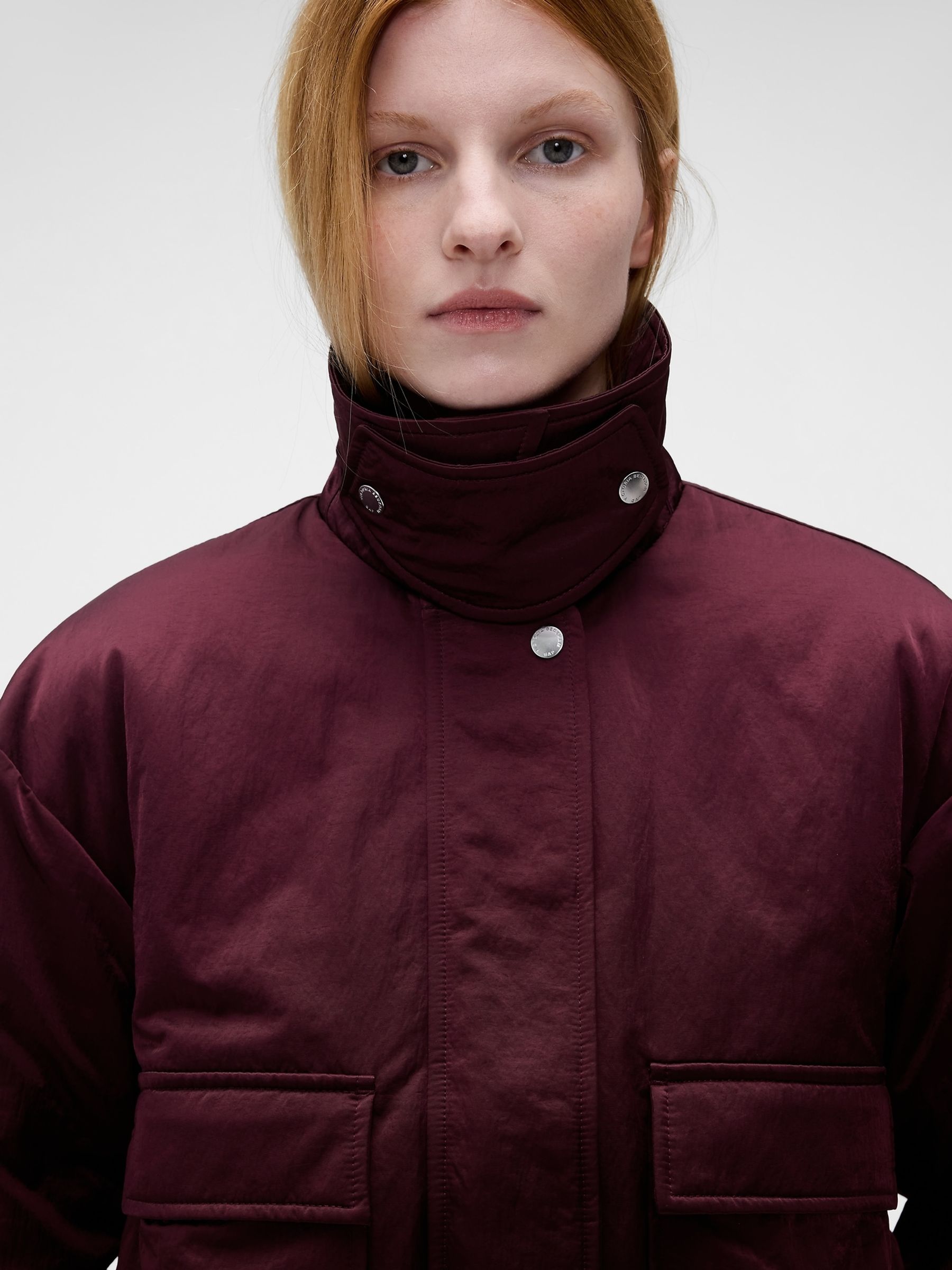 Gap x Victoria Beckham Burgundy Red Oversized Satin Bomber Jacket - Image 5 of 8