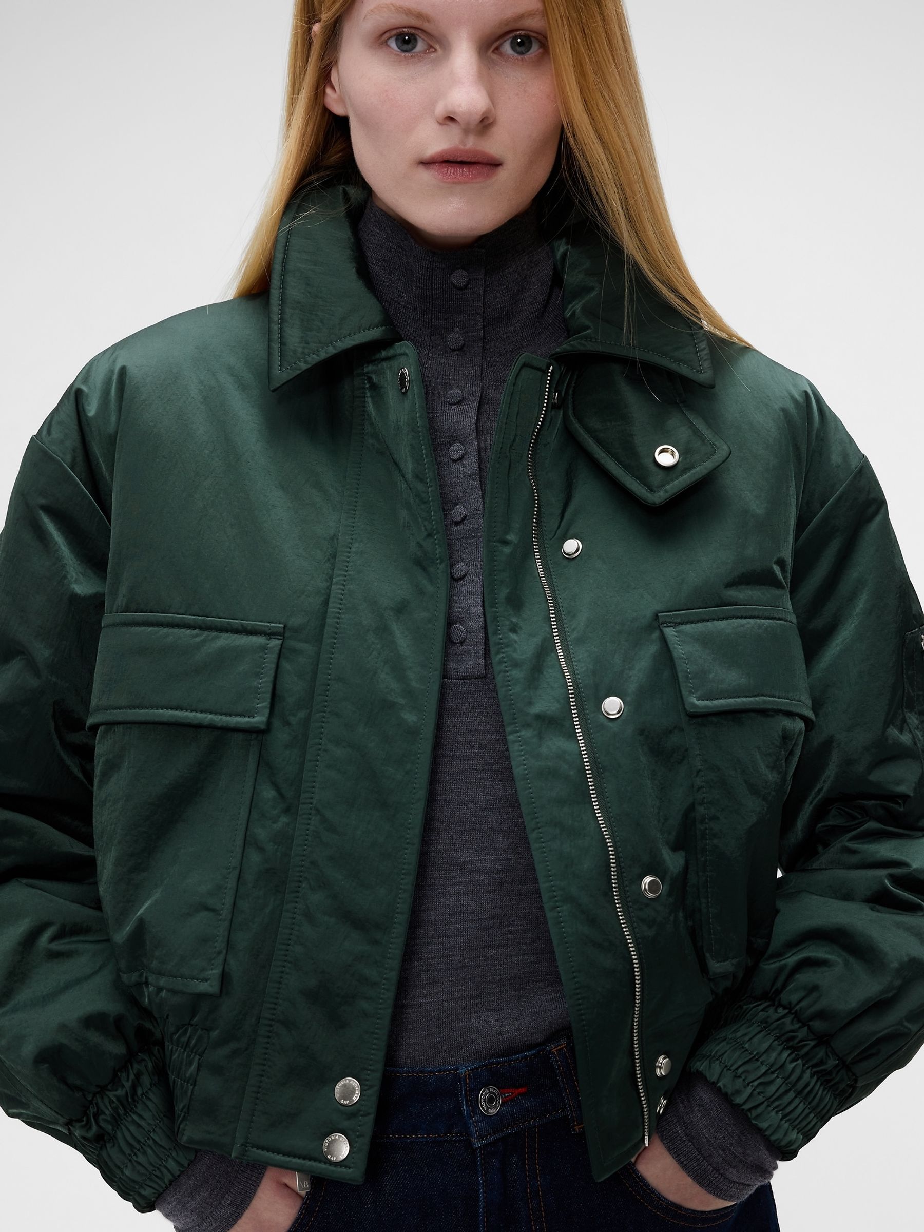 Gap x Victoria Beckham Green Oversized Satin Bomber Jacket - Image 4 of 7