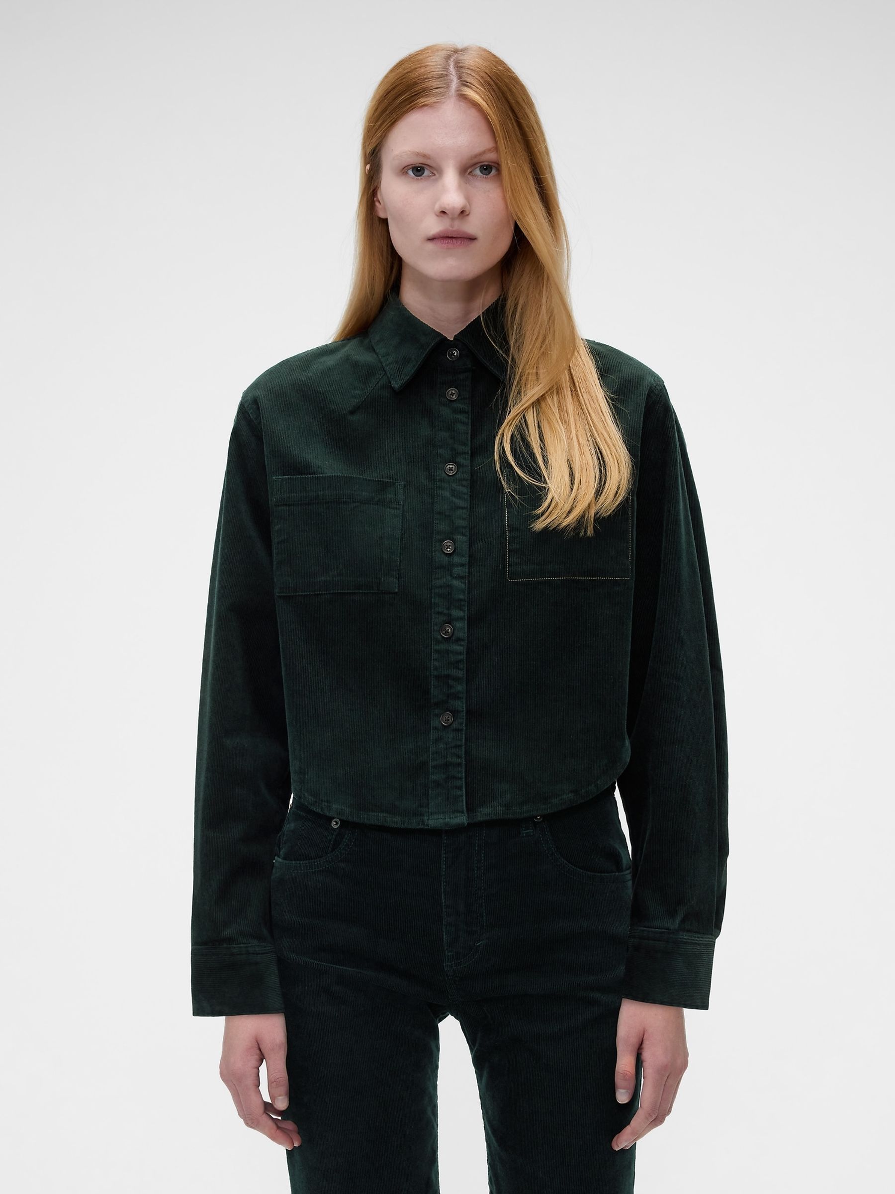 Gap x Victoria Beckham Green Corduroy Crop Shirt - Image 1 of 7