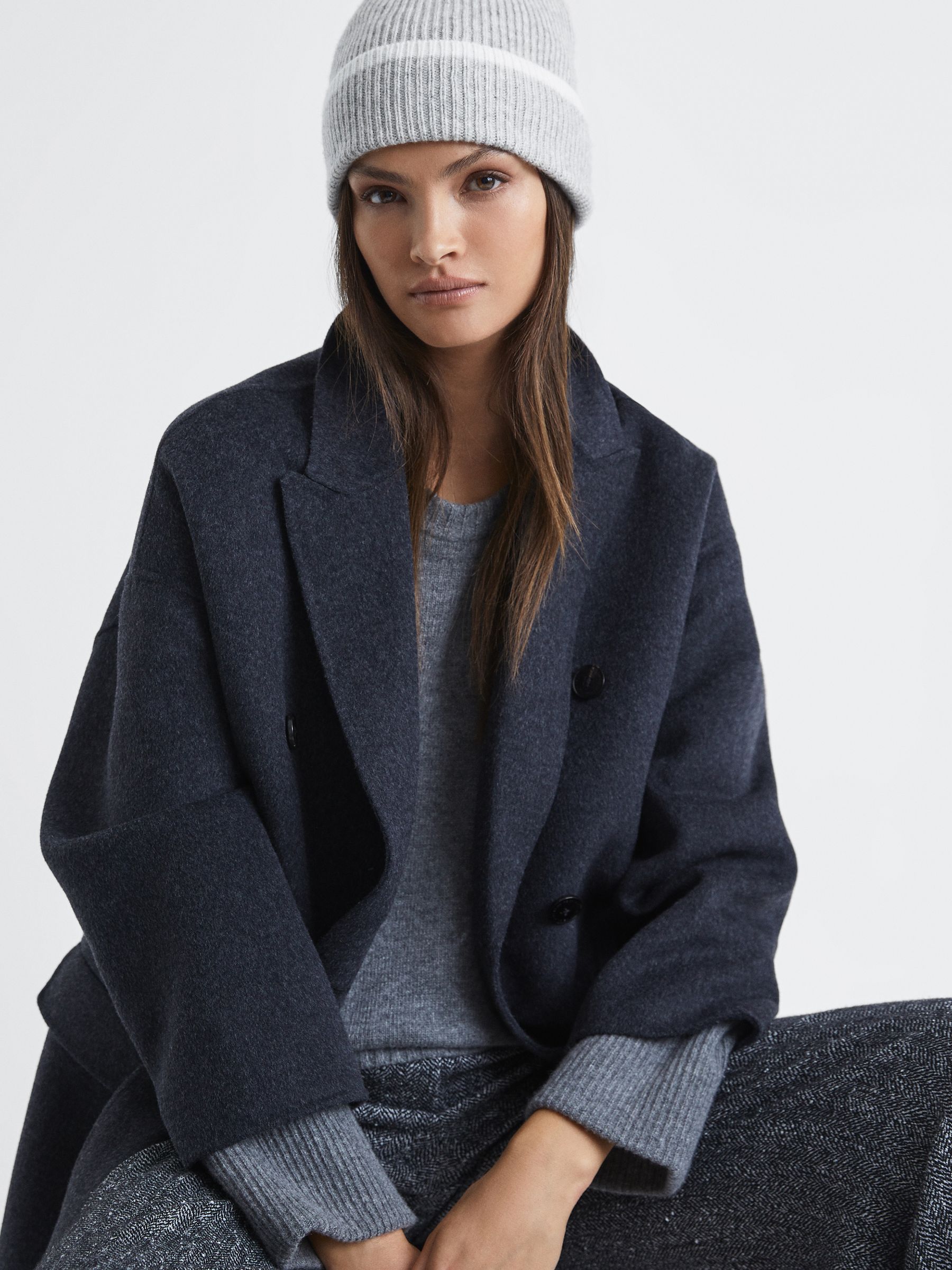 Wool Ribbed Beanie Hat in Grey/Ecru - Image 2 of 4
