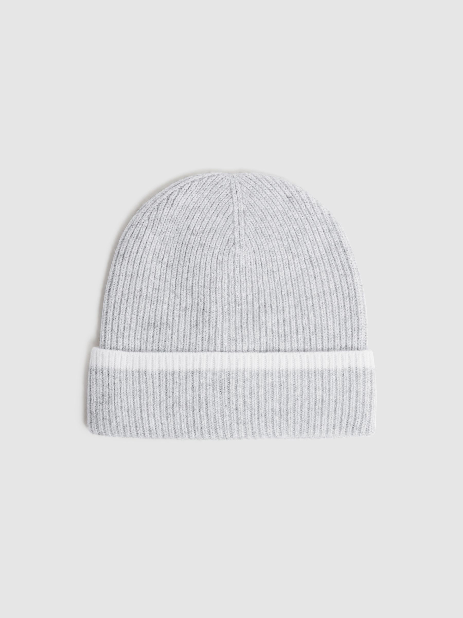 Wool Ribbed Beanie Hat in Grey/Ecru - Image 3 of 4