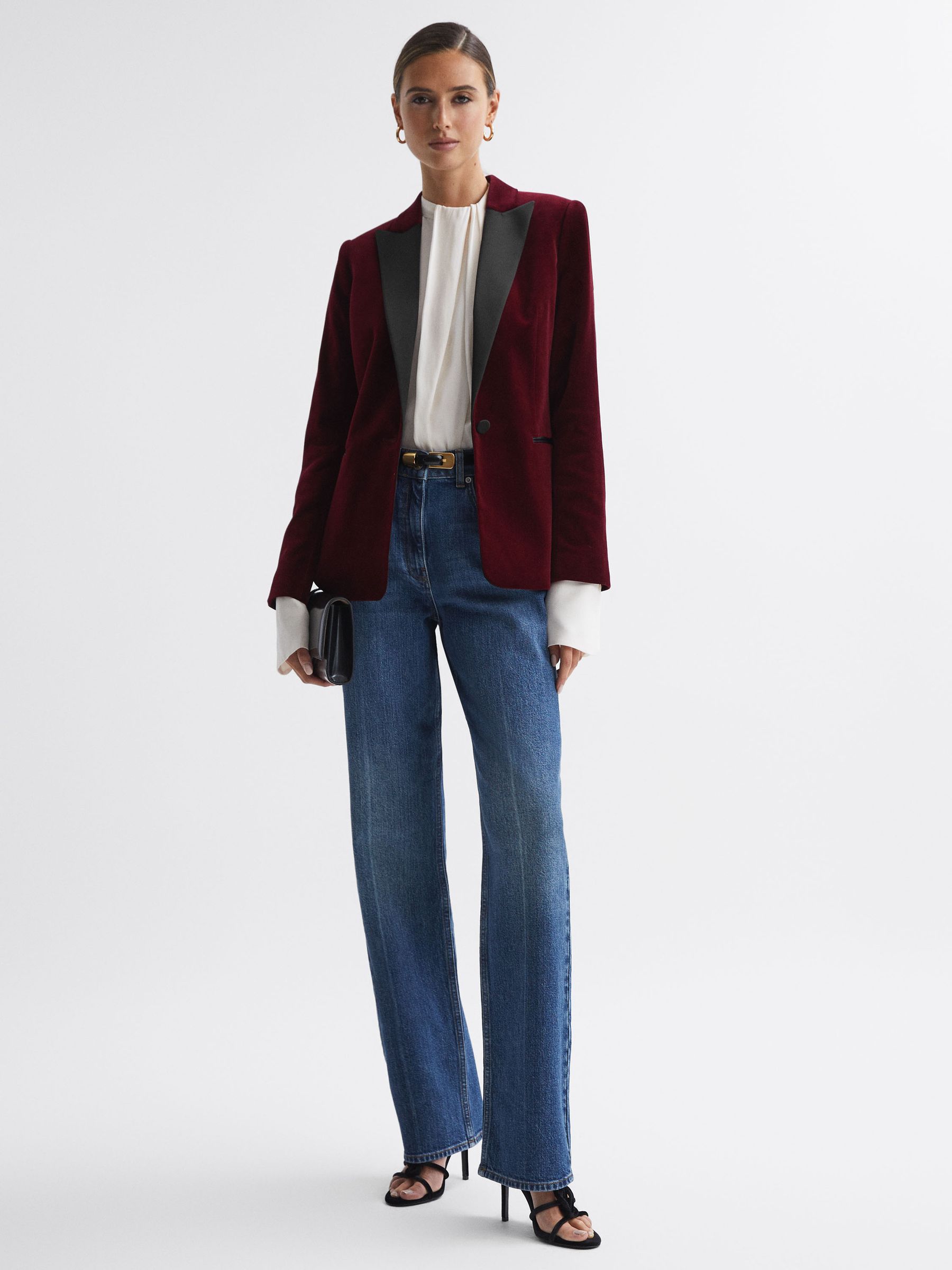 Fitted Velvet Single Breasted Suit Blazer in Red - Image 3 of 4