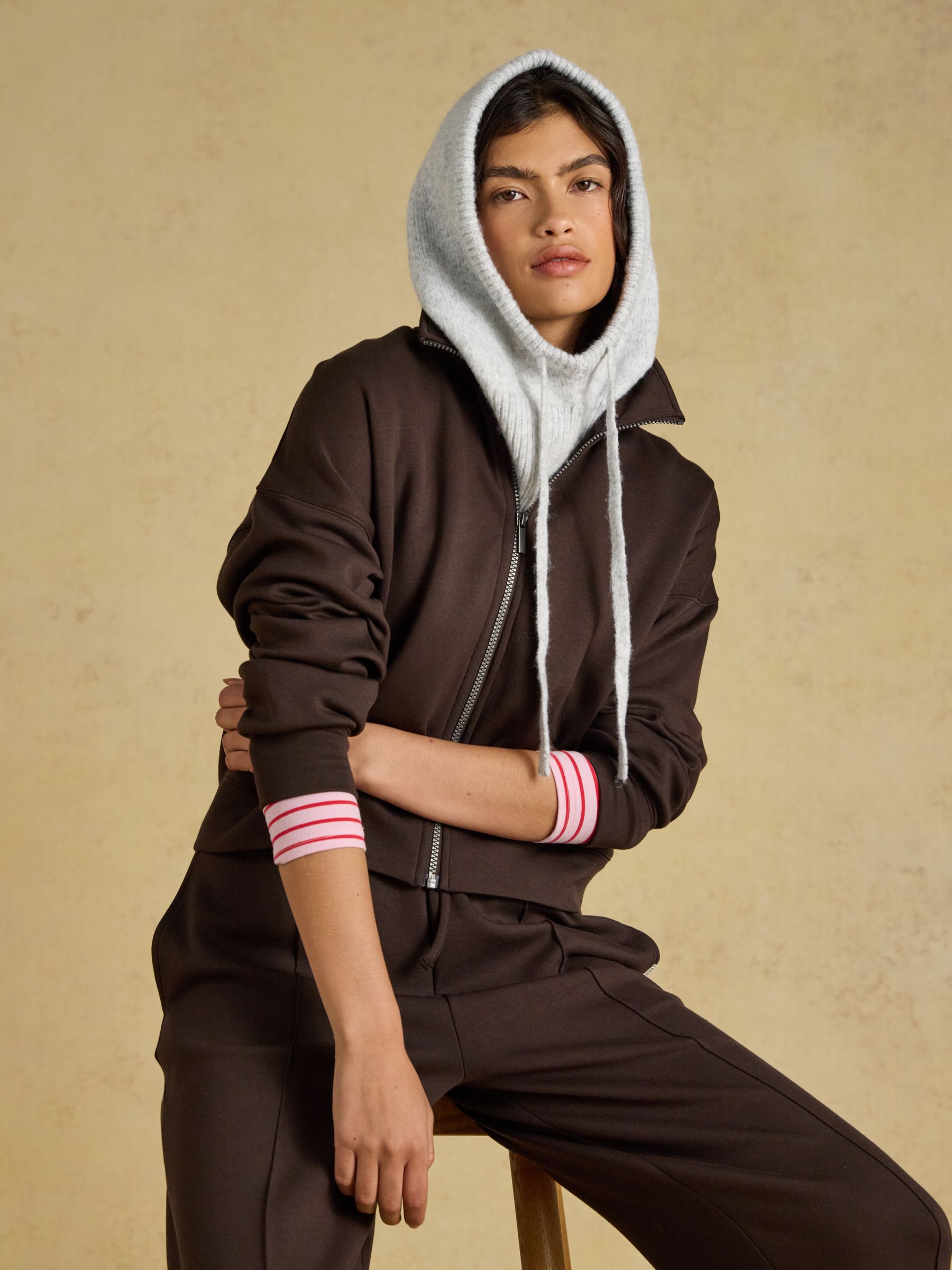 Knitted Grey & Pink Drawstring Hood - Image 1 of 4 Knitted Grey & Pink Drawstring Hood - Image 1 of 4