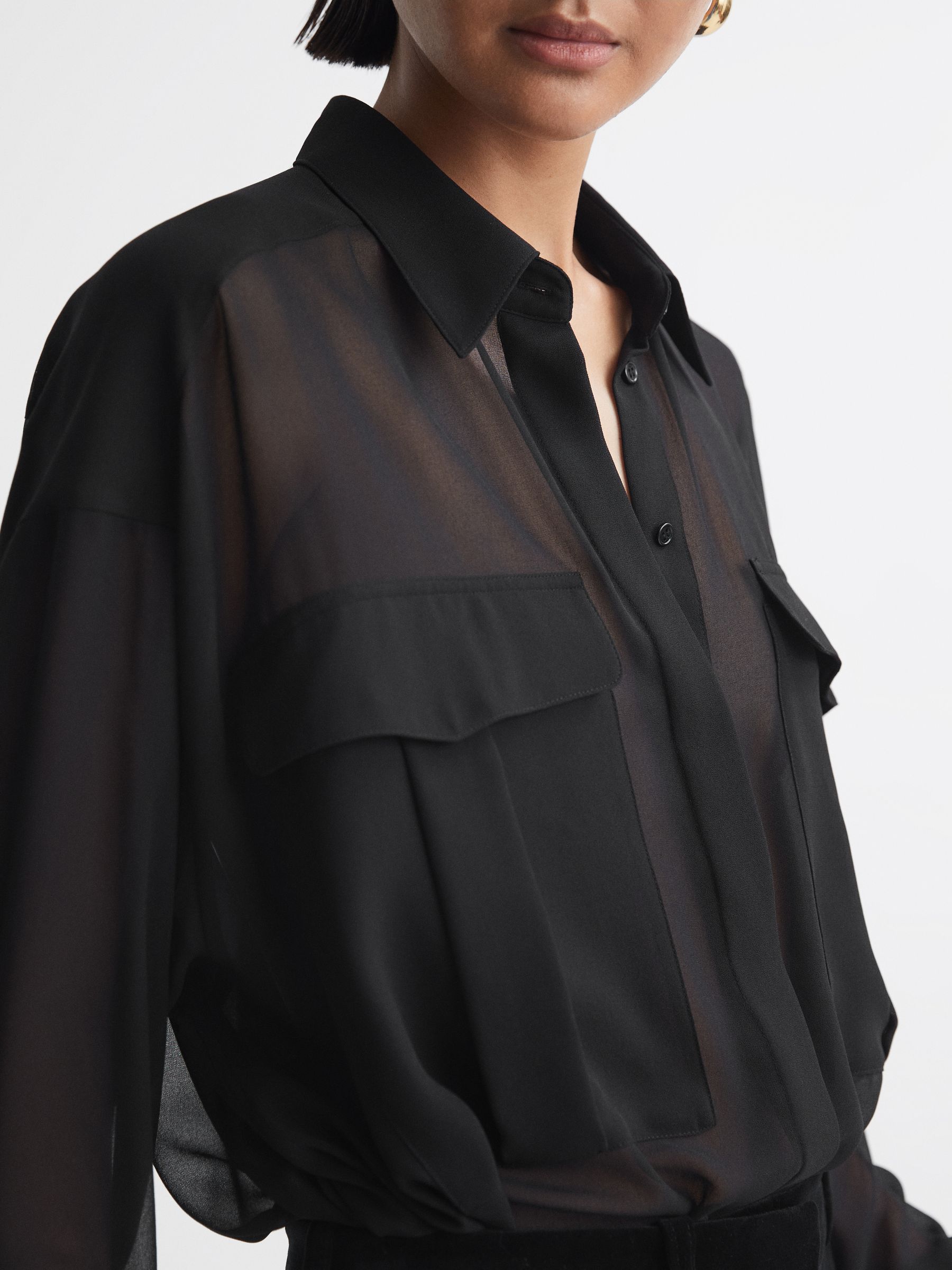 Oversized Sheer Button-Through Shirt in Black - Image 4 of 5
