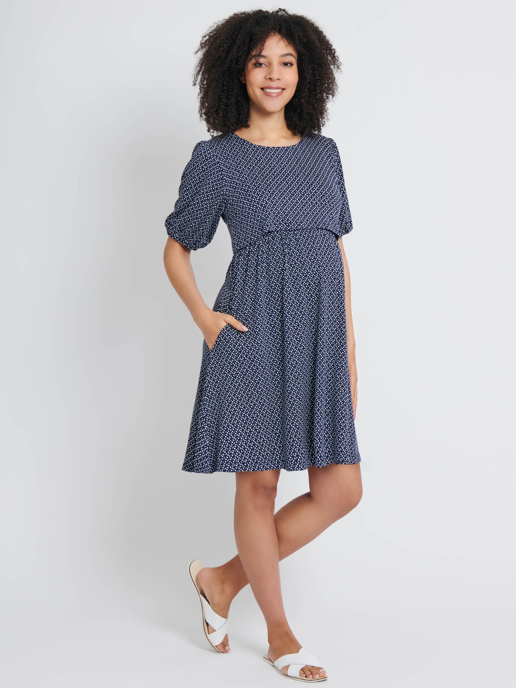 Navy Batik Print Maternity & Nursing Dress - Image 1 of 4