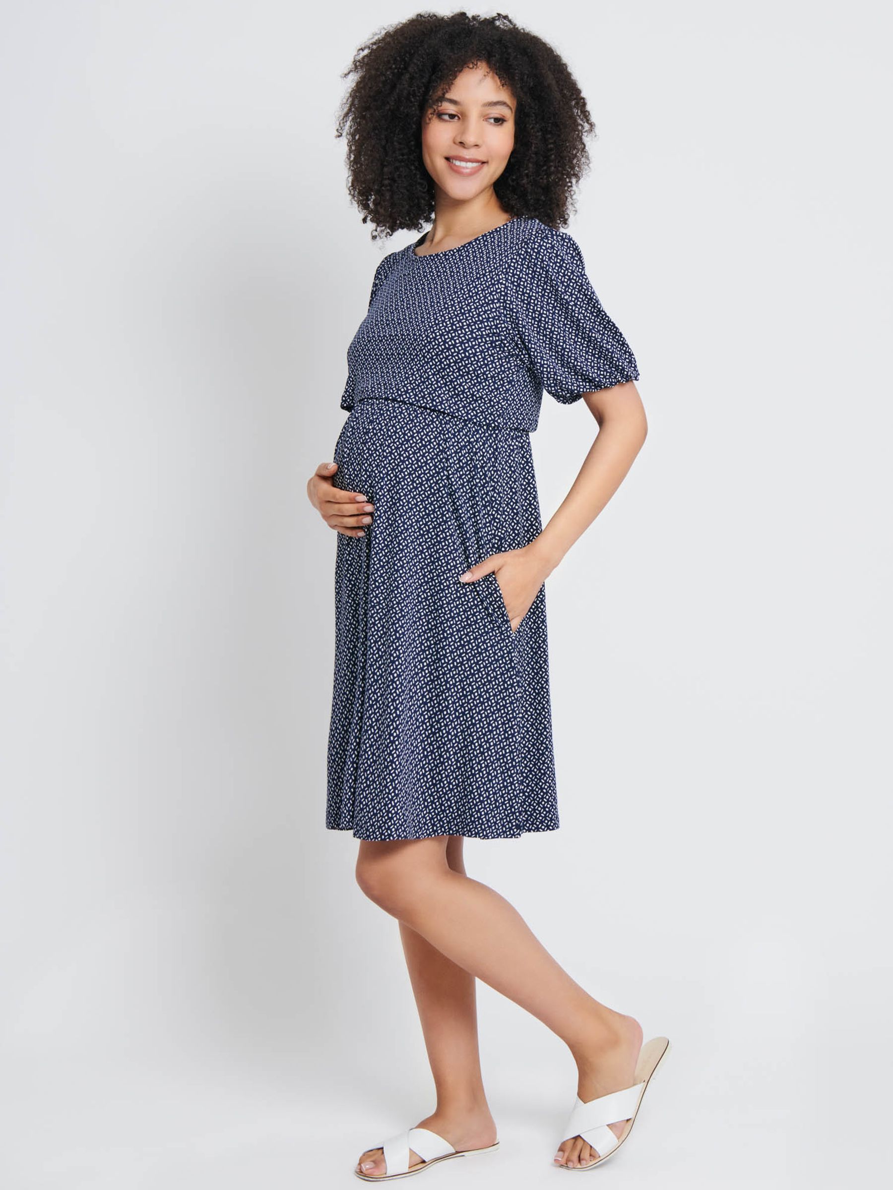 Navy Batik Print Maternity & Nursing Dress - Image 2 of 4