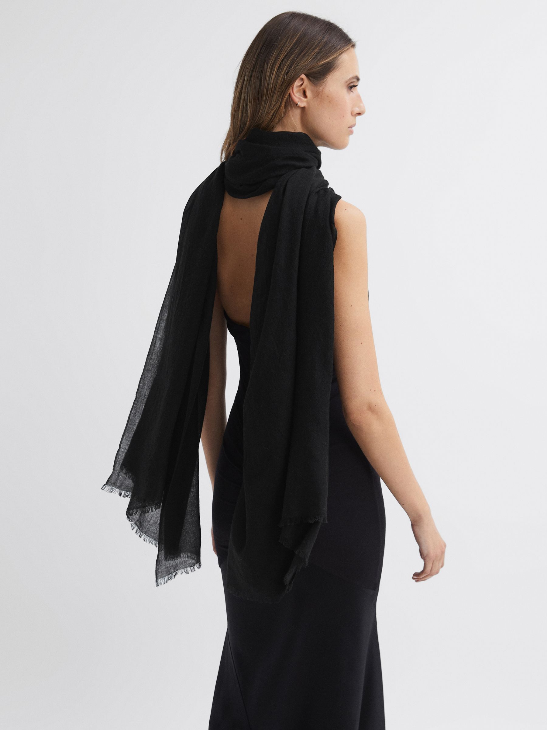 Wool-Cashmere Lightweight Scarf in Black - Image 2 of 4 Wool-Cashmere Lightweight Scarf in Black - Image 2 of 4