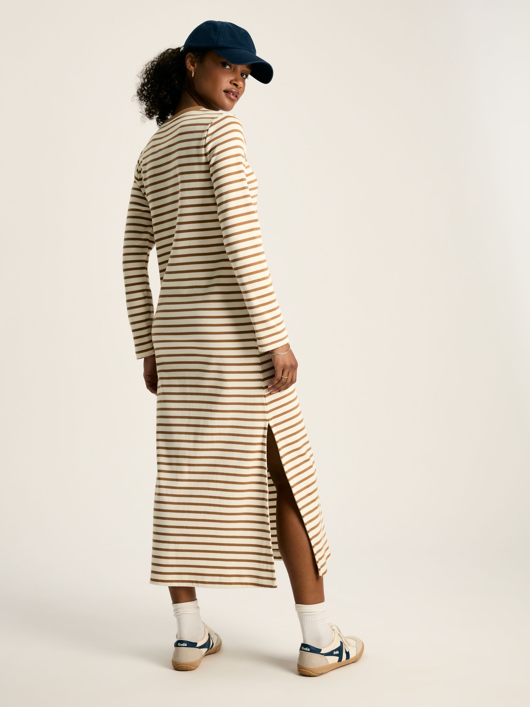 Cleo Tan Brown Striped Long Sleeve Jersey Midi Dress - Image 2 of 7