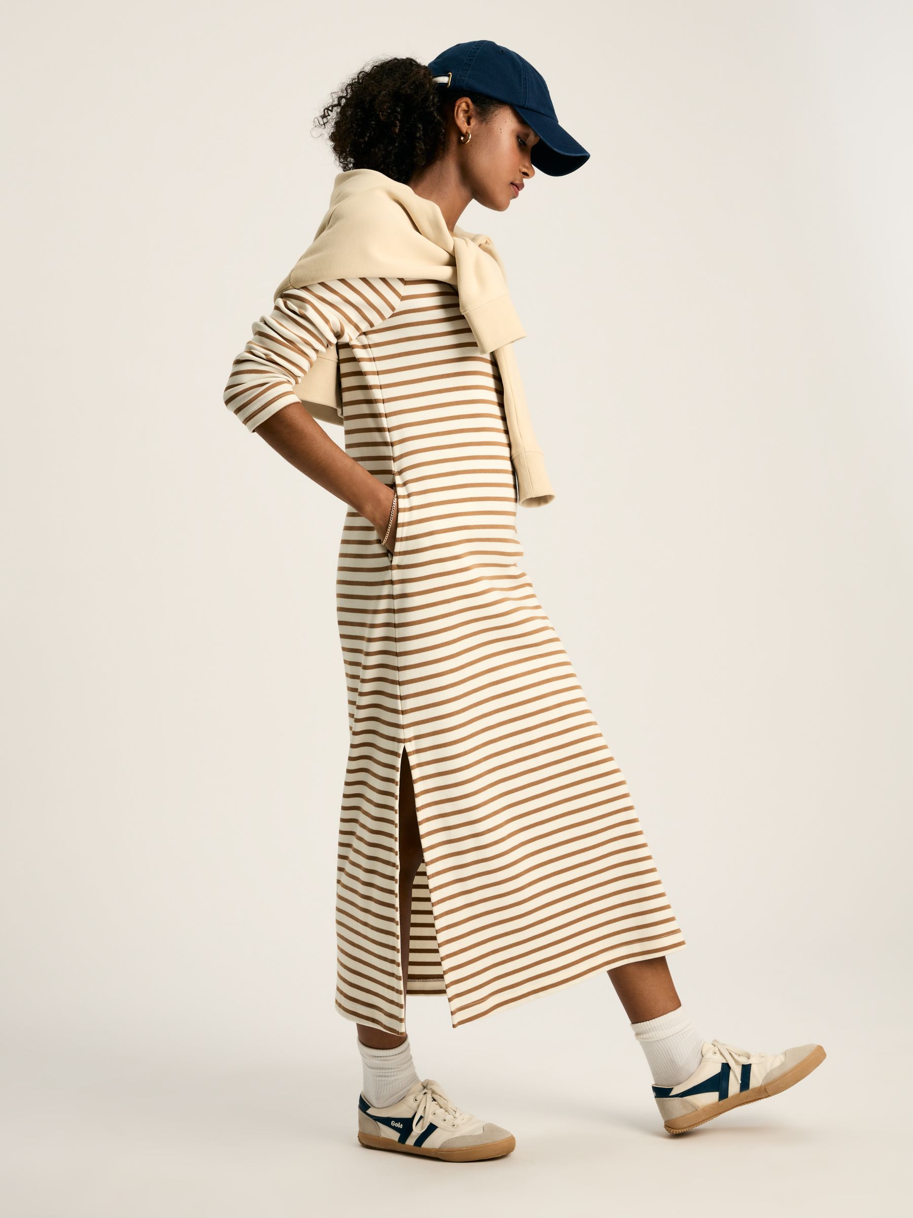 Cleo Tan Brown Striped Long Sleeve Jersey Midi Dress - Image 3 of 7