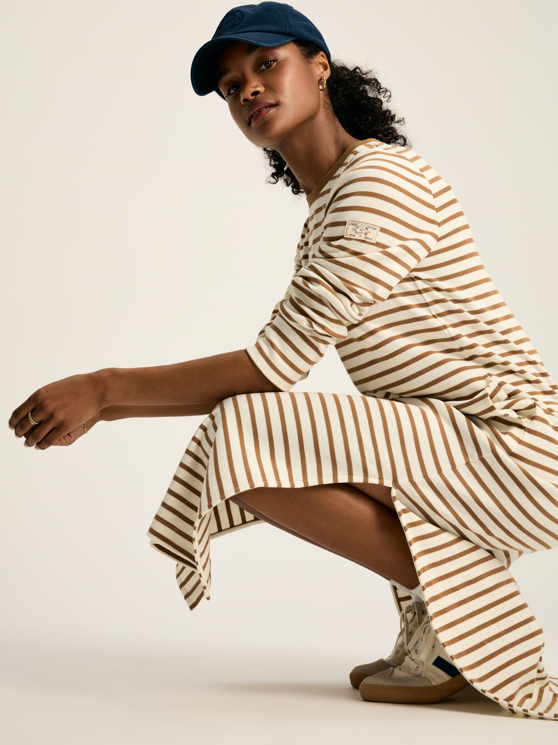 Cleo Tan Brown Striped Long Sleeve Jersey Midi Dress - Image 4 of 7