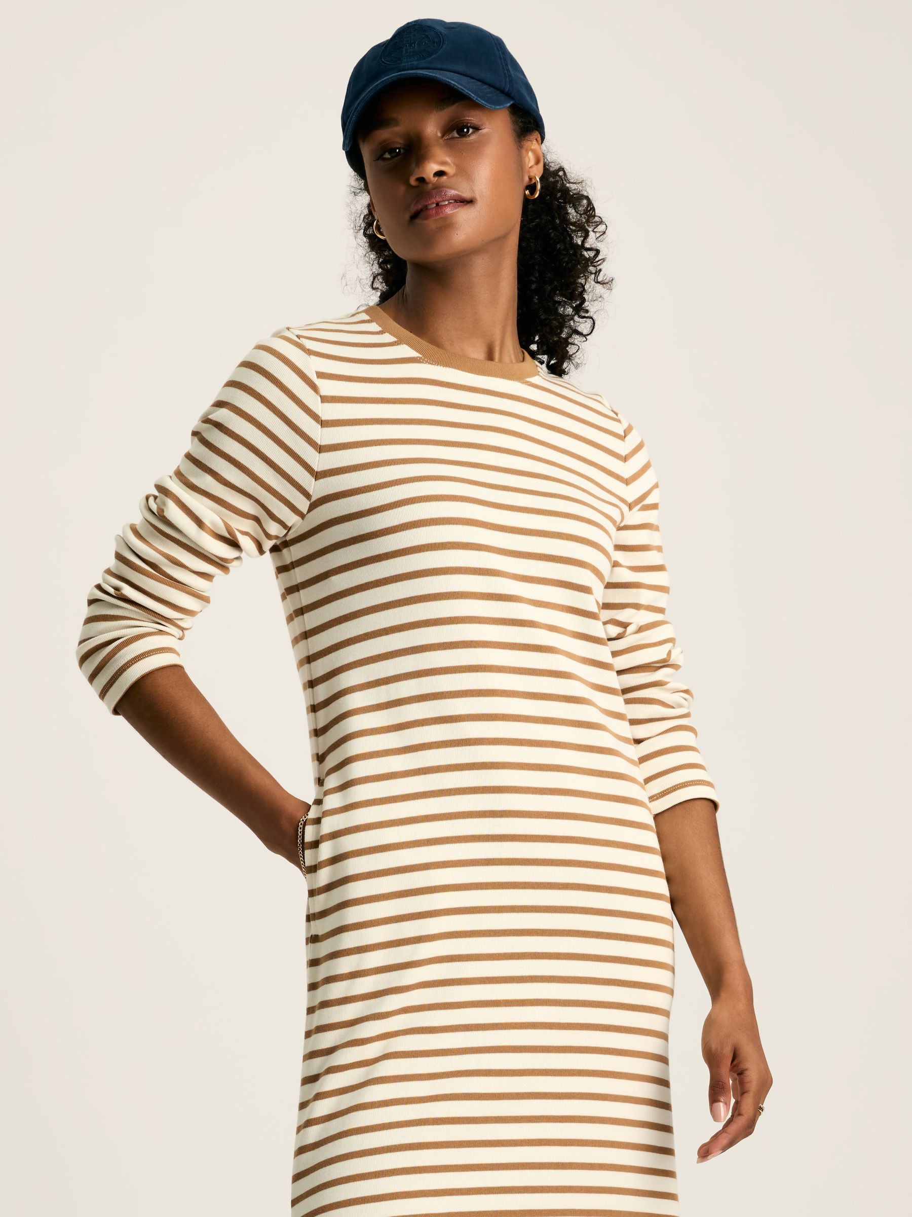 Cleo Tan Brown Striped Long Sleeve Jersey Midi Dress - Image 5 of 7