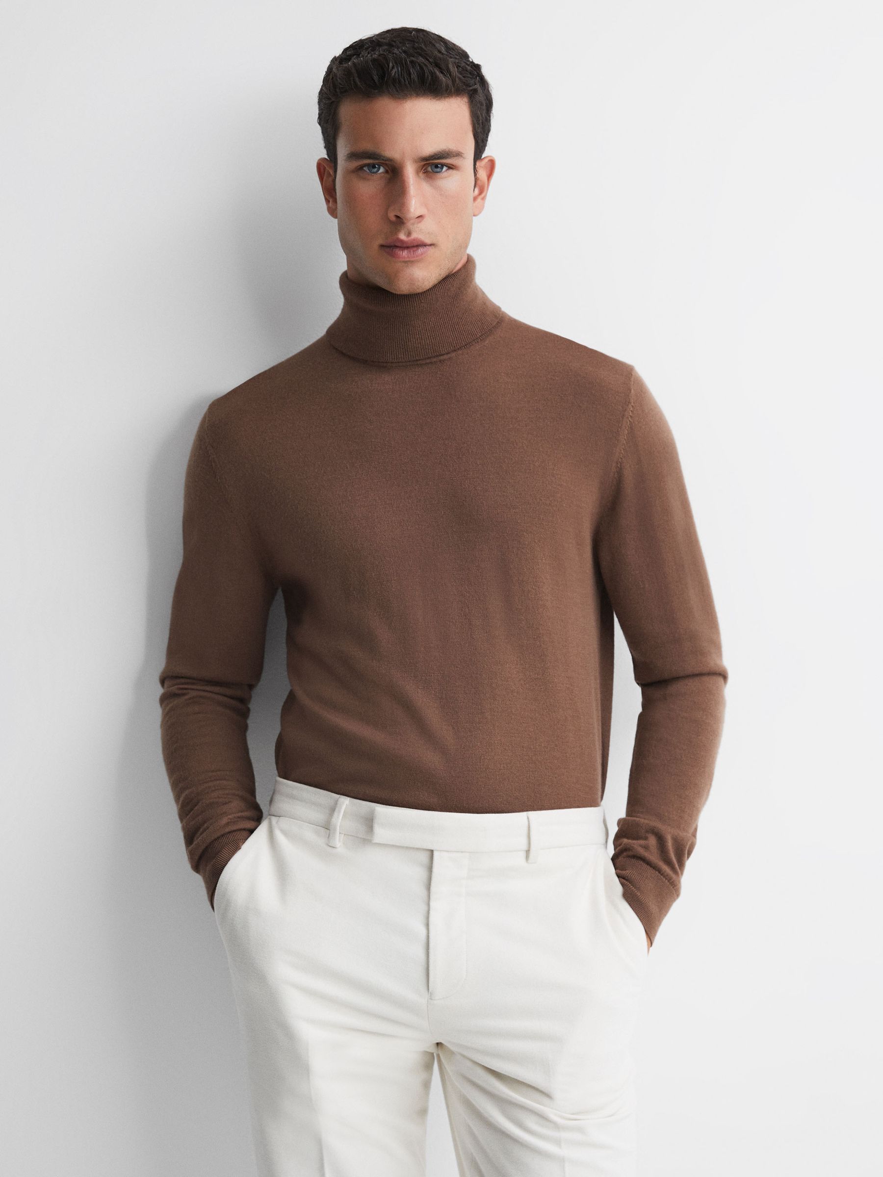 Slim Fit Merino Wool Roll Neck Jumper in Brown Sugar - Image 1 of 5