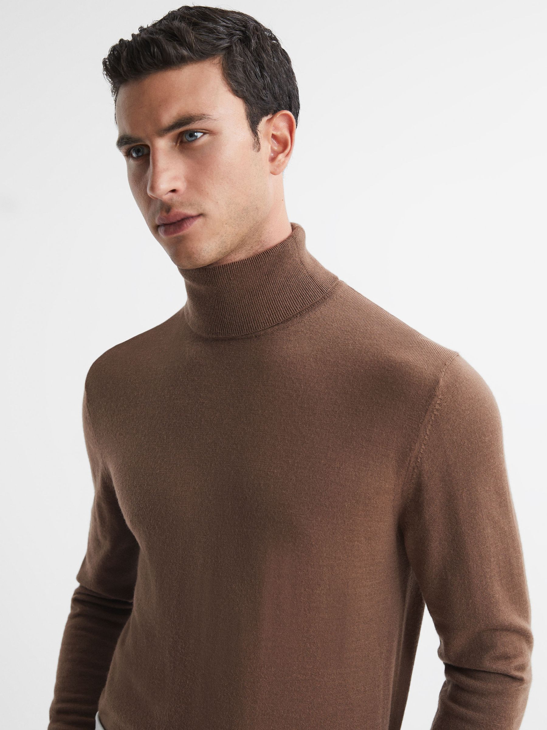 Slim Fit Merino Wool Roll Neck Jumper in Brown Sugar - Image 4 of 5
