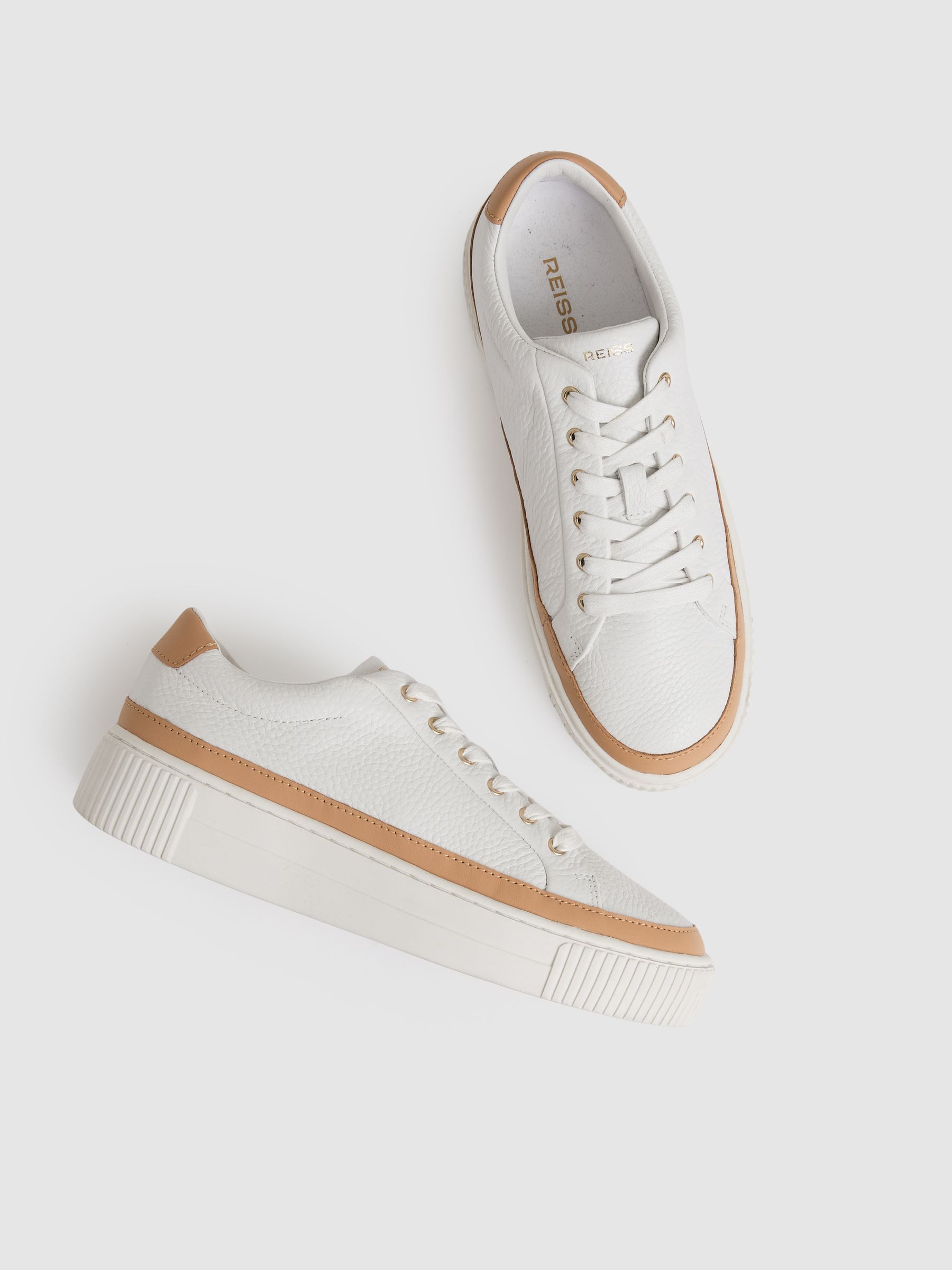 Grained Leather Platform Trainers in Camel/White - Image 3 of 5
